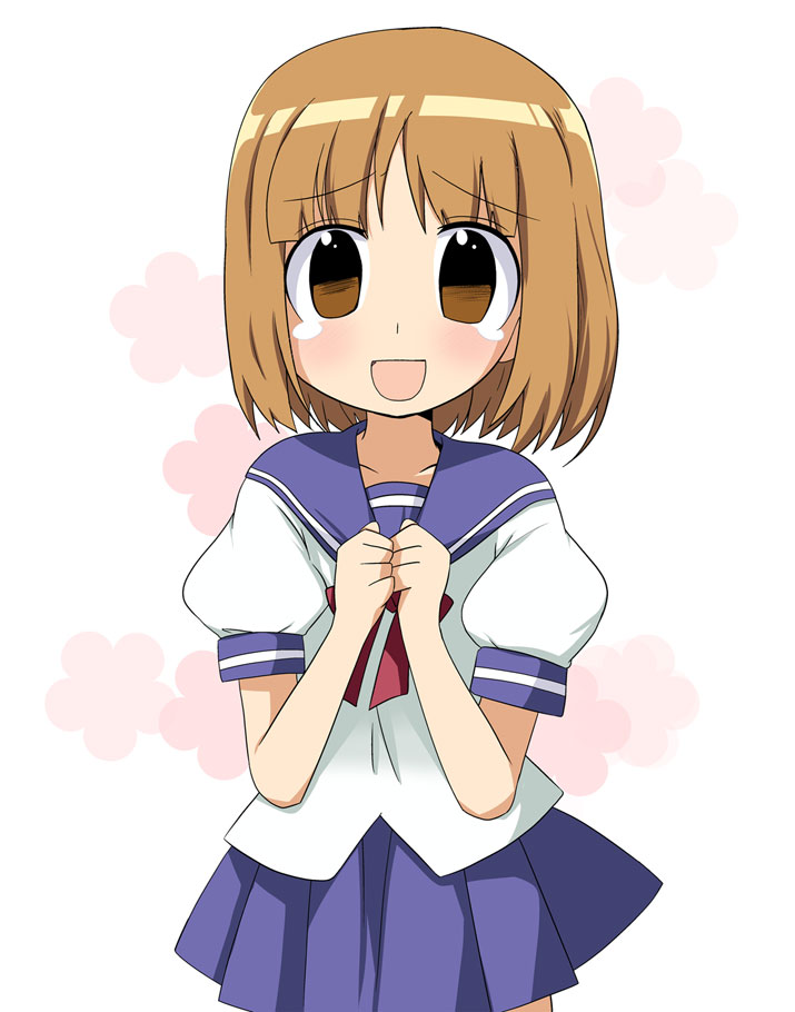 shirika, nakamachi kana, kanamemo, 00s, blush, brown eyes, brown hair, open mouth, own hands together, school uniform, short hair, skirt, smile, tears