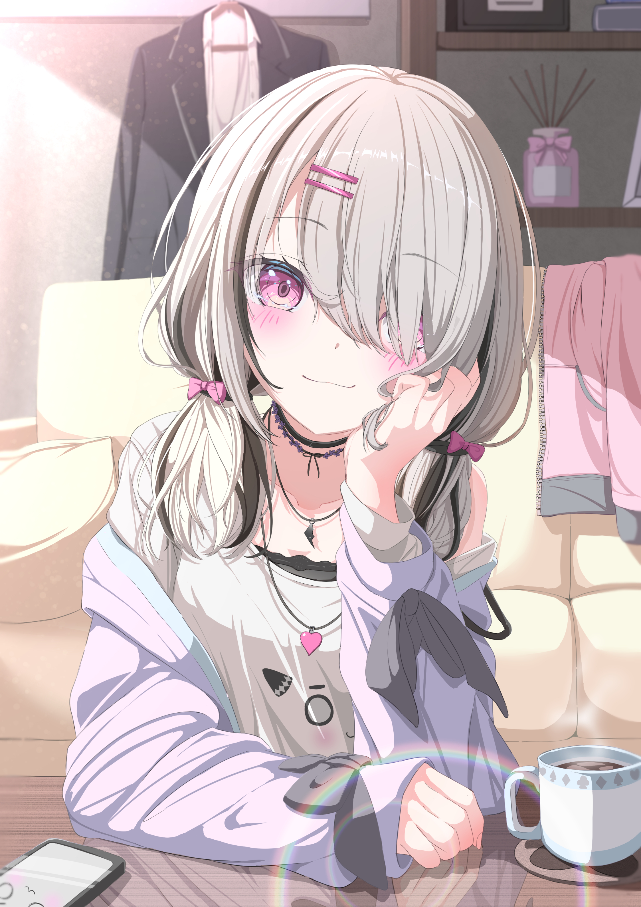 bule blue 2, asumi sena, vspo!, absurdres, commentary request, highres, 1girl, black hair, choker, closed mouth, grey hair, hair ornament, hair over one eye, hairclip, hand on own cheek, hand on own face, indoors, jacket, jewelry, long hair, long sleeves, looking at viewer, multicolored hair, necklace, open clothes, open jacket, parallel hairclips, pink eyes, shirt, smile, solo, streaked hair, virtual youtuber