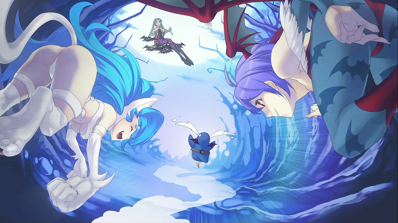 nakamura tatsunori, felicia (darkstalkers), lilith (darkstalkers), morrigan aensland, prinny, capcom, cross edge, darkstalkers, disgaea, nippon ichi, black footwear, blue legwear, fur, print legwear, purple legwear, game cg, official art, 3girls, :d, ^ ^, ahoge, animal ears, animal hands, animal print, arm support, ass, bare shoulders, bat (animal), bat print, bat wings, belt, bent over, big hair, bird, black leotard, blue hair, boots, breasts, bridal gauntlets, cat ears, cat tail, chasing, cleavage, closed eyes, closed mouth, cloud, crossover, demon girl, feathers, fisheye, floating, flying, flying teardrops, from behind, full moon, green hair, hair between eyes, head wings, knee boots, leotard, light smile, long hair, looking at another, medium breasts, moon, motion lines, multiple crossover, multiple girls, nude, open mouth, outdoors, pantyhose, parted bangs, patterned legwear, penguin, profile, purple hair, red eyes, running, short hair, siblings, sisters, sitting, smile, speed lines, tail, tears, underboob, very long fingernails, wavy hair, wings