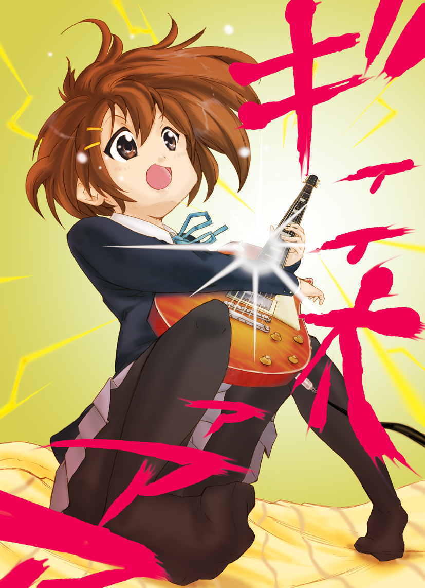 konkuri, hirasawa yui, k-on!, bad id, bad pixiv id, brown eyes, brown hair, guitar, instrument, pantyhose, school uniform, short hair, solo