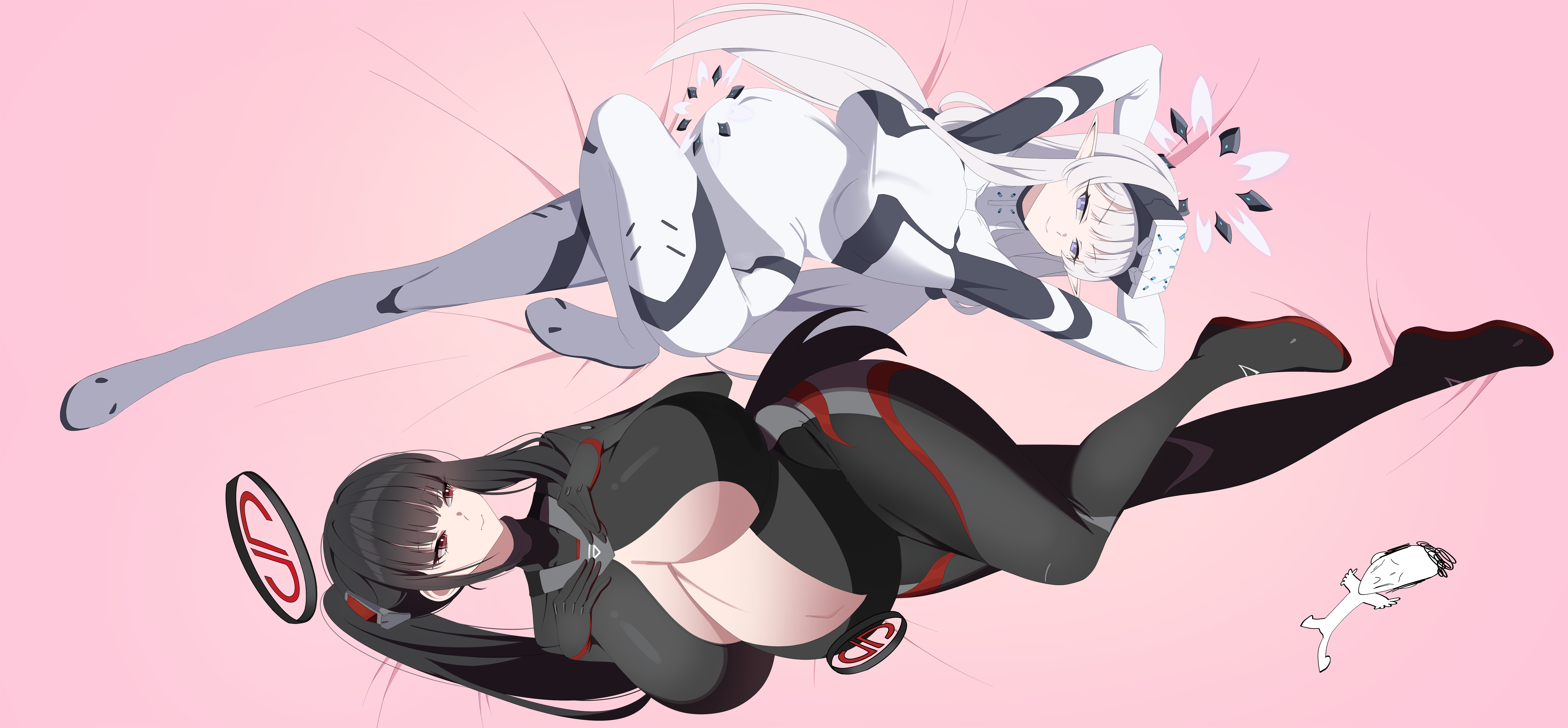 madrawing, doodle sensei (blue archive), himari (blue archive), himari (bodysuit) (blue archive), rio (blue archive), rio (bodysuit) (blue archive), sensei (blue archive), blue archive, absurdres, commentary request, highres, variant set, 1boy, 2girls, alternate breast size (larger), arm behind head, arms up, bed sheet, black bodysuit, black gloves, black hair, black halo, blunt bangs, bodysuit, breasts, bright pupils, cleavage, closed mouth, exhausted, full body, gloves, hair ornament, halo, hands on own chest, head-mounted display, huge breasts, implied after sex, impossible bodysuit, impossible clothes, knee up, large breasts, latex, latex bodysuit, long hair, looking at another, looking at viewer, lying, mole, mole under eye, multicolored bodysuit, multicolored halo, multiple girls, navel, official alternate costume, official alternate hairstyle, on back, open bodysuit, open clothes, partially unzipped, pointy ears, ponytail, pregnant, purple eyes, red eyes, ringed eyes, sidelocks, skin tight, smile, sunken cheeks, two-tone bodysuit, two-tone halo, very long hair, white bodysuit, white hair, white halo, white pupils