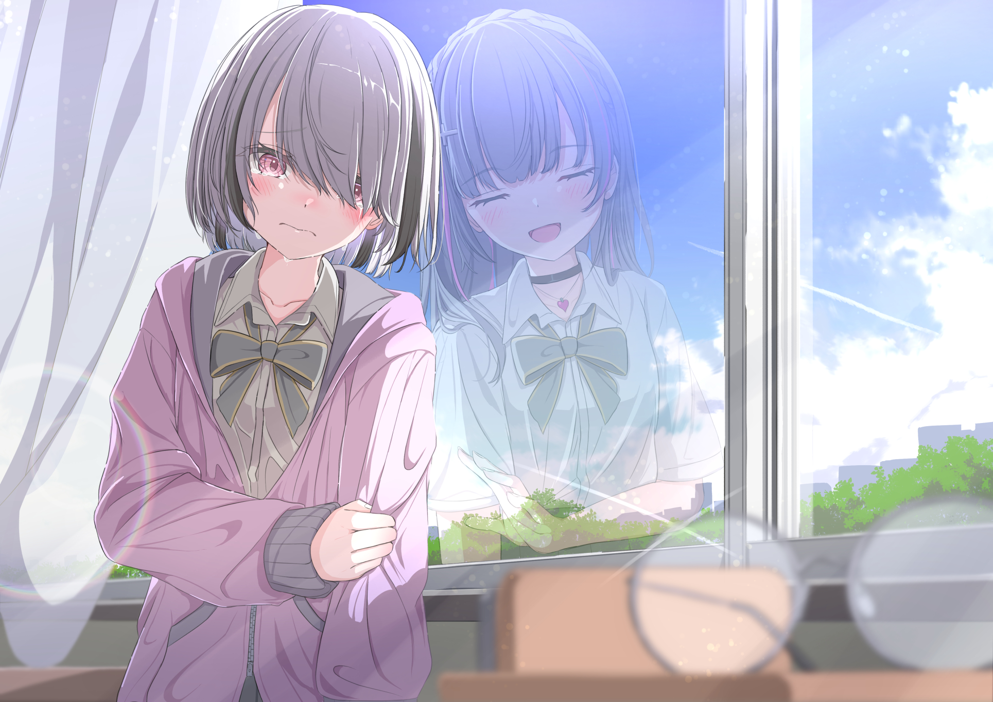 bule blue 2, asumi sena, vspo!, commentary request, highres, 1girl, black hair, blue sky, bow, bowtie, closed mouth, cloud, cloudy sky, collared shirt, crying, crying with eyes open, different reflection, grey bow, grey bowtie, grey hair, hair over one eye, indoors, jacket, long sleeves, open clothes, open jacket, reflection, school uniform, shirt, short hair, sky, tears, virtual youtuber, window