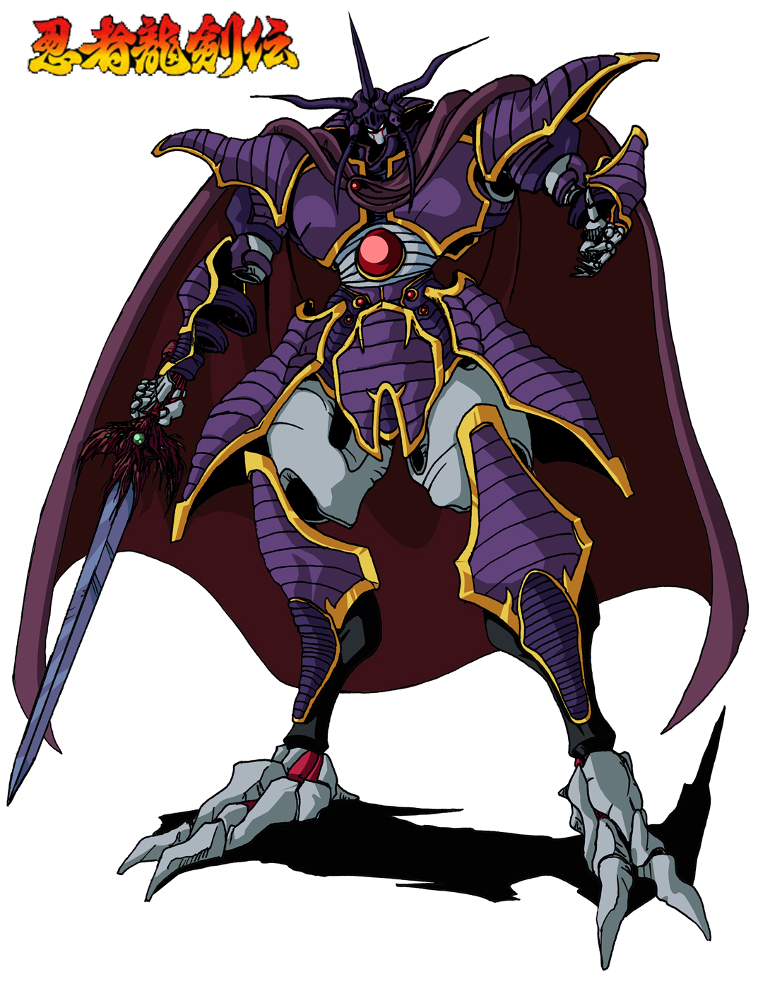 ashtar, nes, ninja gaiden, ninja gaiden ii: the dark sword of chaos, nintendo, tecmo, tall, artist request, highres, official art, 1boy, armor, breastplate, cape, demon, faulds, game console, greaves, helmet, holding, holding sword, holding weapon, horns, mask, pauldrons, purple cape, purple helmet, retro artstyle, sabaton, samurai, shoulder armor, solleret, standing, sword, talons, weapon, white background, wizard