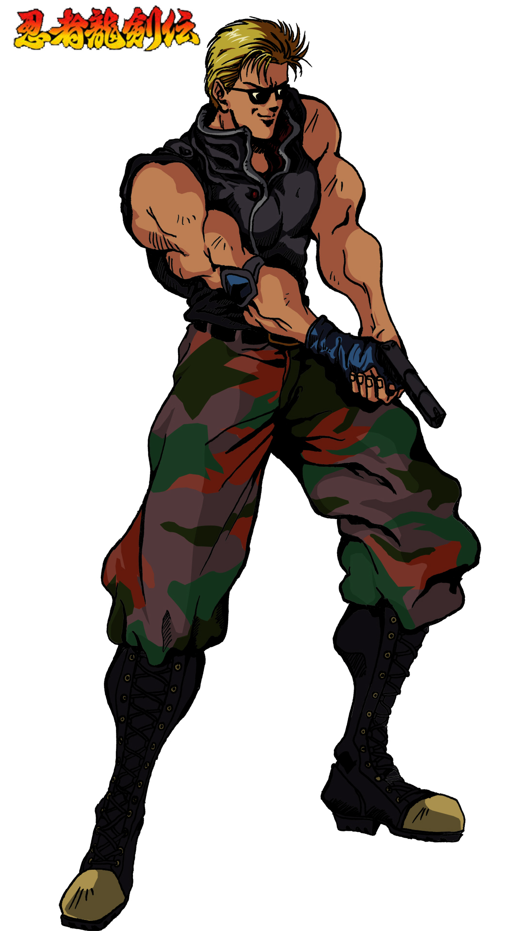 robert t. sturgeon, nes, ninja gaiden, nintendo, tecmo, highres, blonde hair, boots, game console, gun, handgun, male focus, manly, military, military fatigues, military uniform, pistol, retro artstyle, sunglasses, weapon