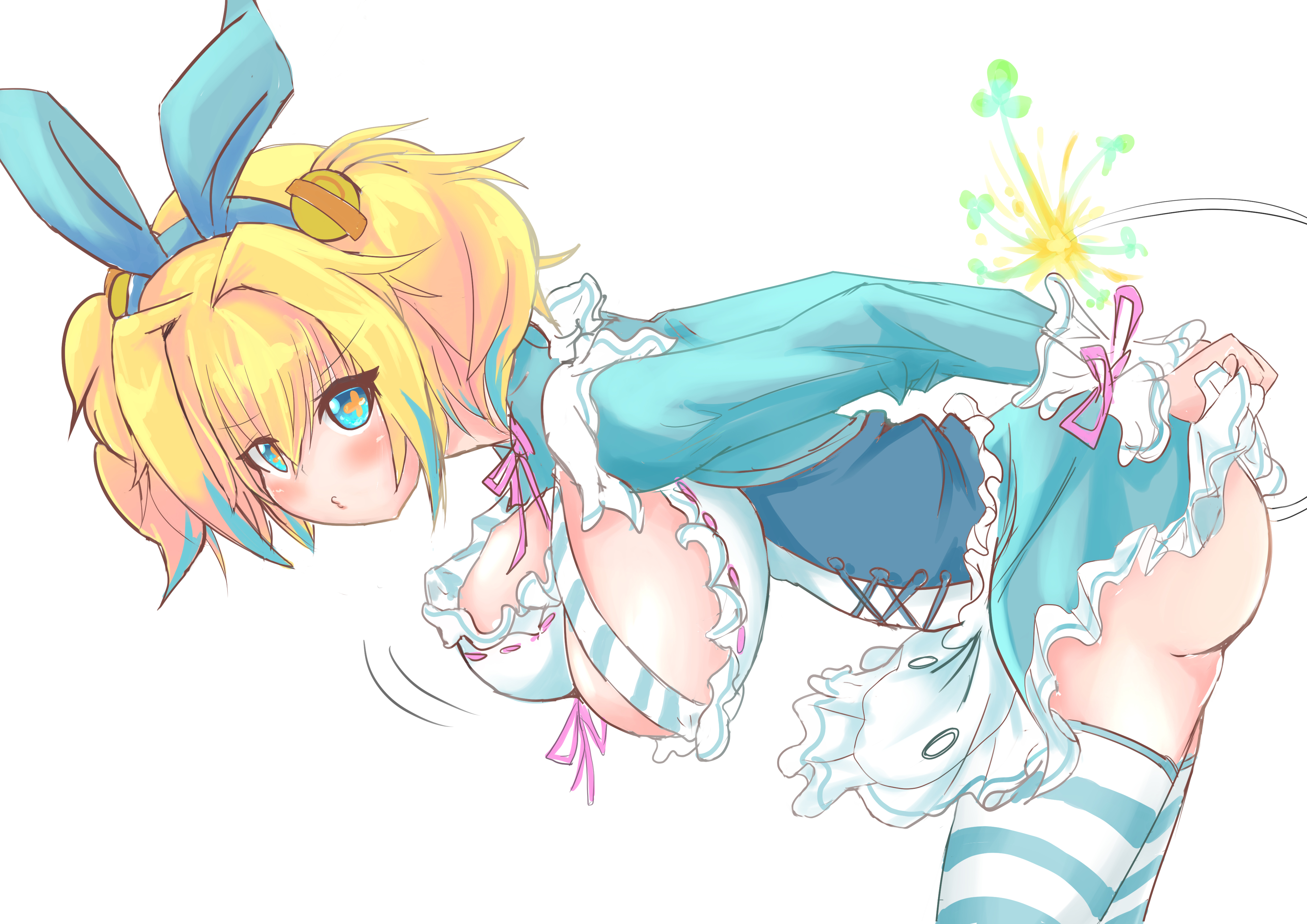 tuxeruni0, pine (bombergirl), bombergirl, absurdres, commentary request, highres, 1girl, apron, blonde hair, blue dress, blue eyes, blue hair, blue theme, blush, bouncing breasts, breasts, closed mouth, clover-shaped pupils, dress, large breasts, looking at viewer, medium hair, solo, striped clothes, striped thighhighs, symbol-shaped pupils, tail, thighhighs, two side up, white apron, white thighhighs