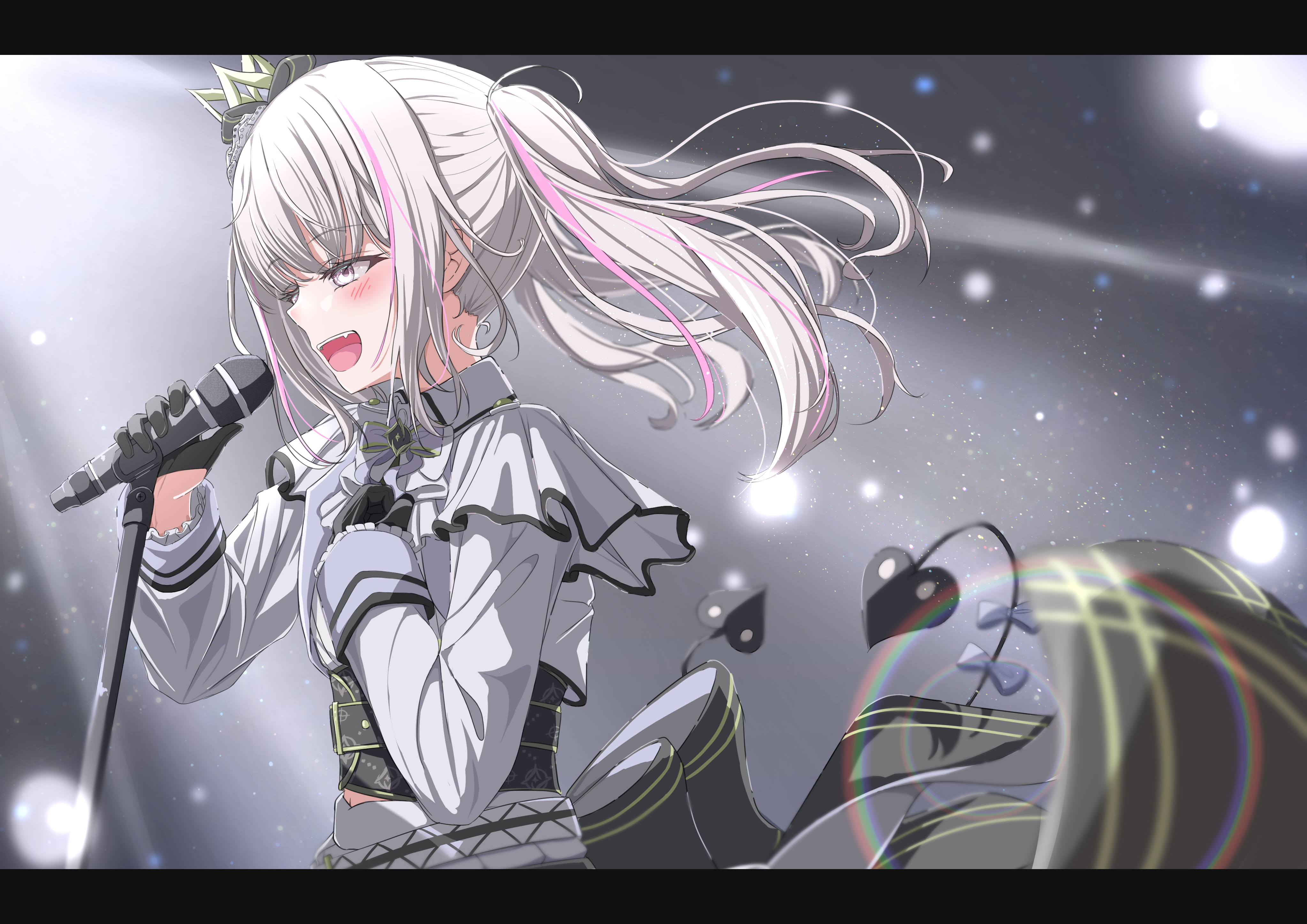 bule blue 2, asumi sena, vspo!, absurdres, commentary, english commentary, highres, 1girl, black gloves, fang, from side, gloves, grey hair, half gloves, holding, holding microphone stand, long hair, looking to the side, microphone stand, multiple tails, music, open mouth, pink hair, singing, smile, solo, stage lights, tail, teeth, two tails, upper teeth only, very long hair, virtual youtuber