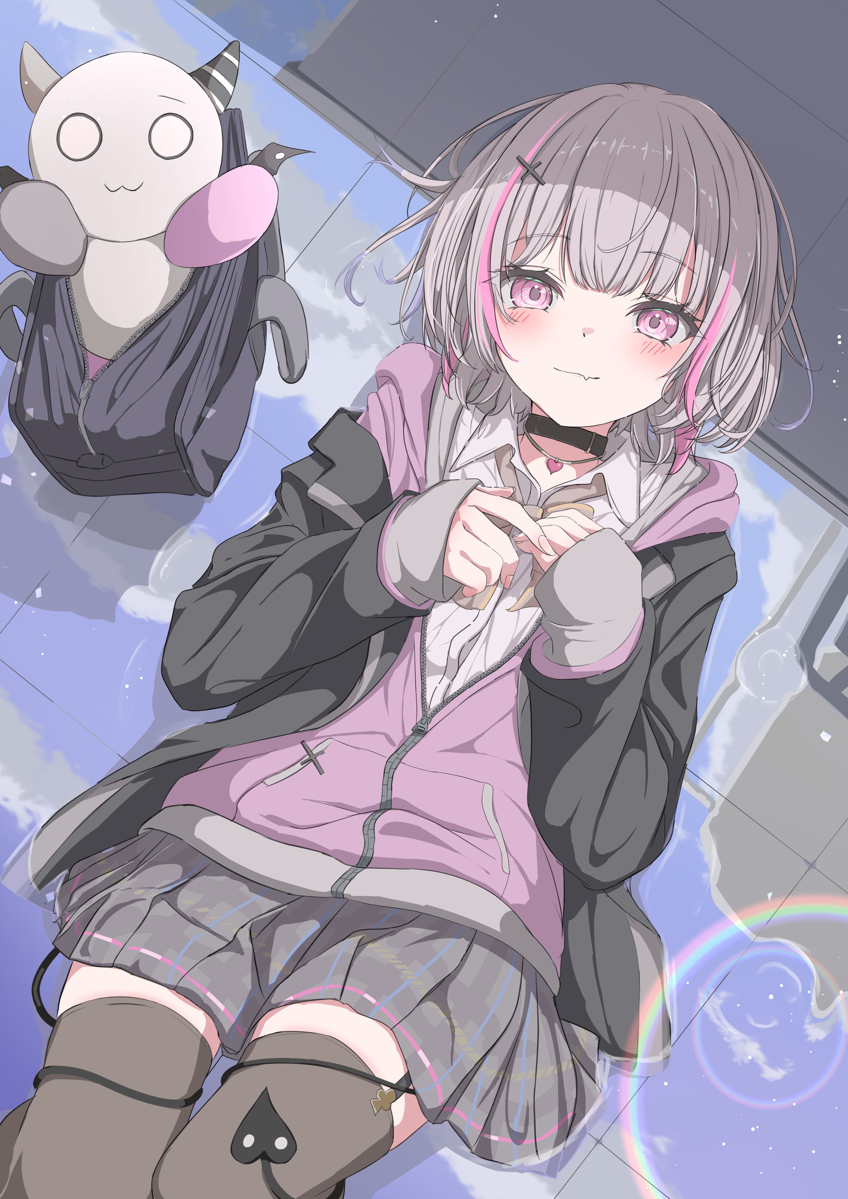 bule blue 2, asumi sena, vspo!, absurdres, commentary request, highres, partial commentary, 1girl, black choker, black thighhighs, choker, closed mouth, collared shirt, cross hair ornament, fang, grey hair, hair ornament, long sleeves, looking at viewer, multicolored hair, multiple tails, pink eyes, pink hair, shirt, short hair, skirt, smile, solo, streaked hair, tail, thighhighs, two tails, virtual youtuber, zettai ryouiki