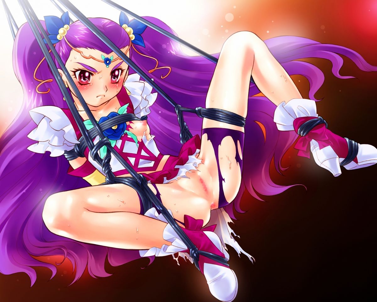 nekozawa yukari, milky rose, mimino kurumi, precure, yes! precure 5, 00s, 1girl, ankle boots, anus, arms behind back, bdsm, blush, bondage, boots, bound, bound ankles, bound arms, bound legs, breast cutout, breasts, censored, closed mouth, hair ornament, high heel boots, high heels, humiliation, long hair, nipples, one breast out, purple hair, pussy, red eyes, rope, shoes, simple background, small breasts, spread legs, suspension, torn clothes