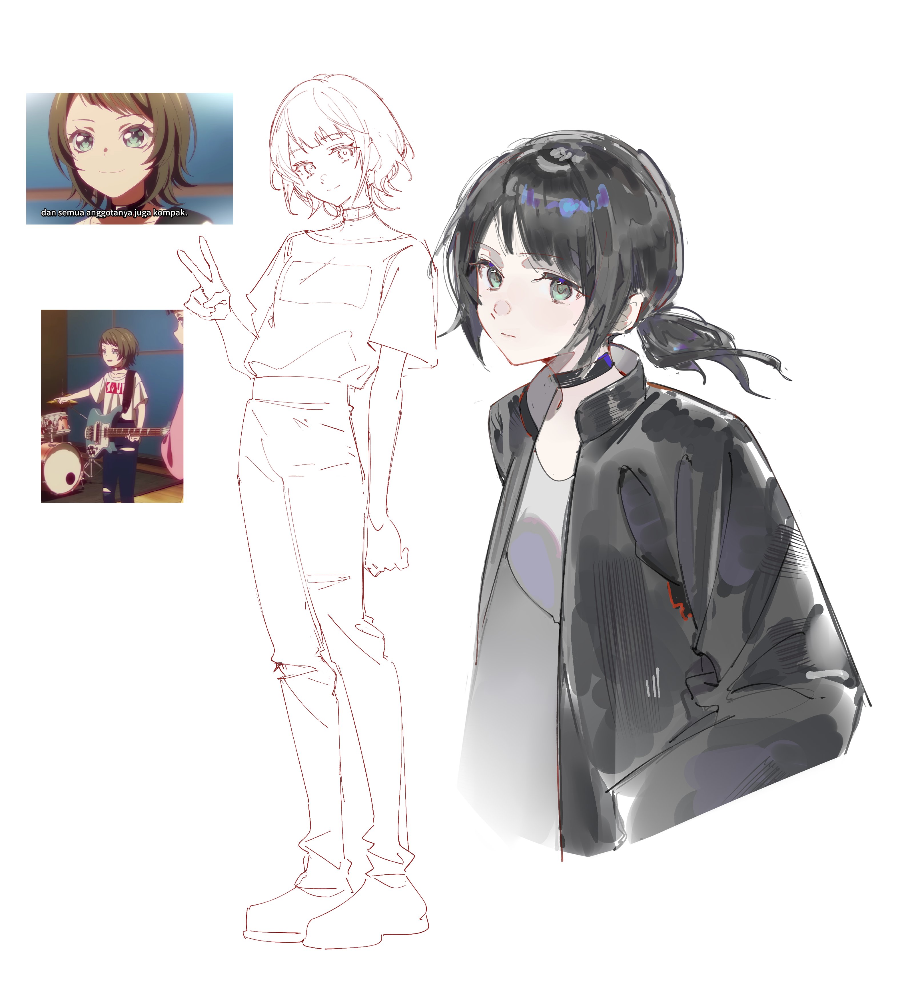 pyyuu, yahata umiri, bang dream!, bang dream! it's mygo!!!!!, absurdres, commentary, highres, 1girl, black choker, black hair, black jacket, blue eyes, choker, closed mouth, jacket, long sleeves, looking at viewer, multiple views, open clothes, open jacket, ponytail, reference inset, short hair, short ponytail, simple background, sketch, v, white background
