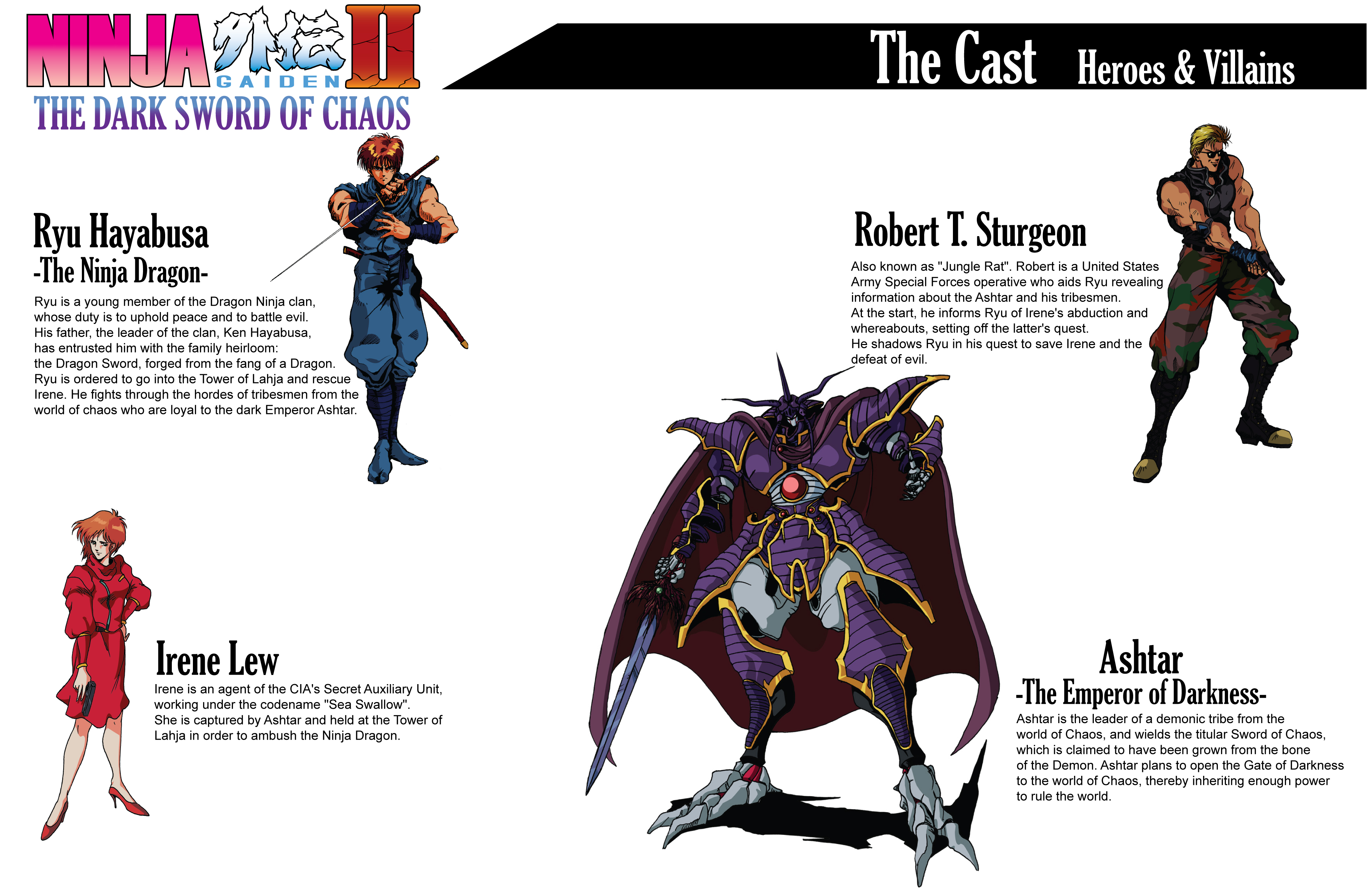 ashtar, irene lew, robert t. sturgeon, ryu hayabusa, nes, ninja gaiden, ninja gaiden ii: the dark sword of chaos, nintendo, tecmo, absurdres, artist request, highres, official art, 1girl, 3boys, armor, character name, demon, game console, katana, multiple boys, ninja, retro artstyle, sword, weapon