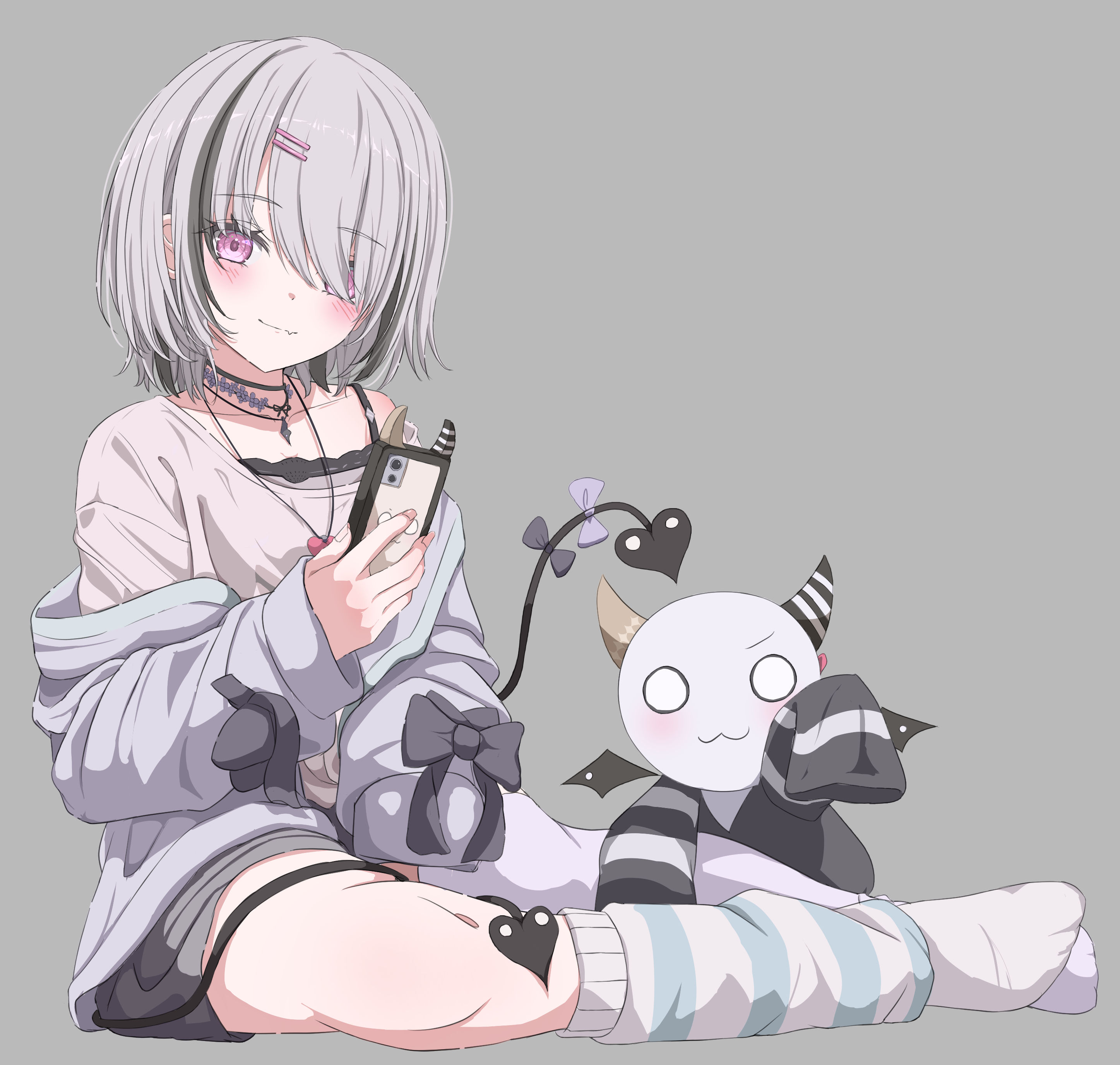 bule blue 2, asumi sena, vspo!, absurdres, commentary request, highres, 1girl, black hair, cellphone, closed mouth, fang, full body, grey background, grey hair, holding, holding phone, leg warmers, long sleeves, looking at viewer, multicolored hair, multiple tails, no shoes, phone, pink eyes, shirt, short hair, simple background, single bare shoulder, single leg warmer, single thighhigh, sitting, smartphone, smile, socks, solo, streaked hair, striped leg warmers, tail, thighhighs, two tails, virtual youtuber, white socks, white thighhighs