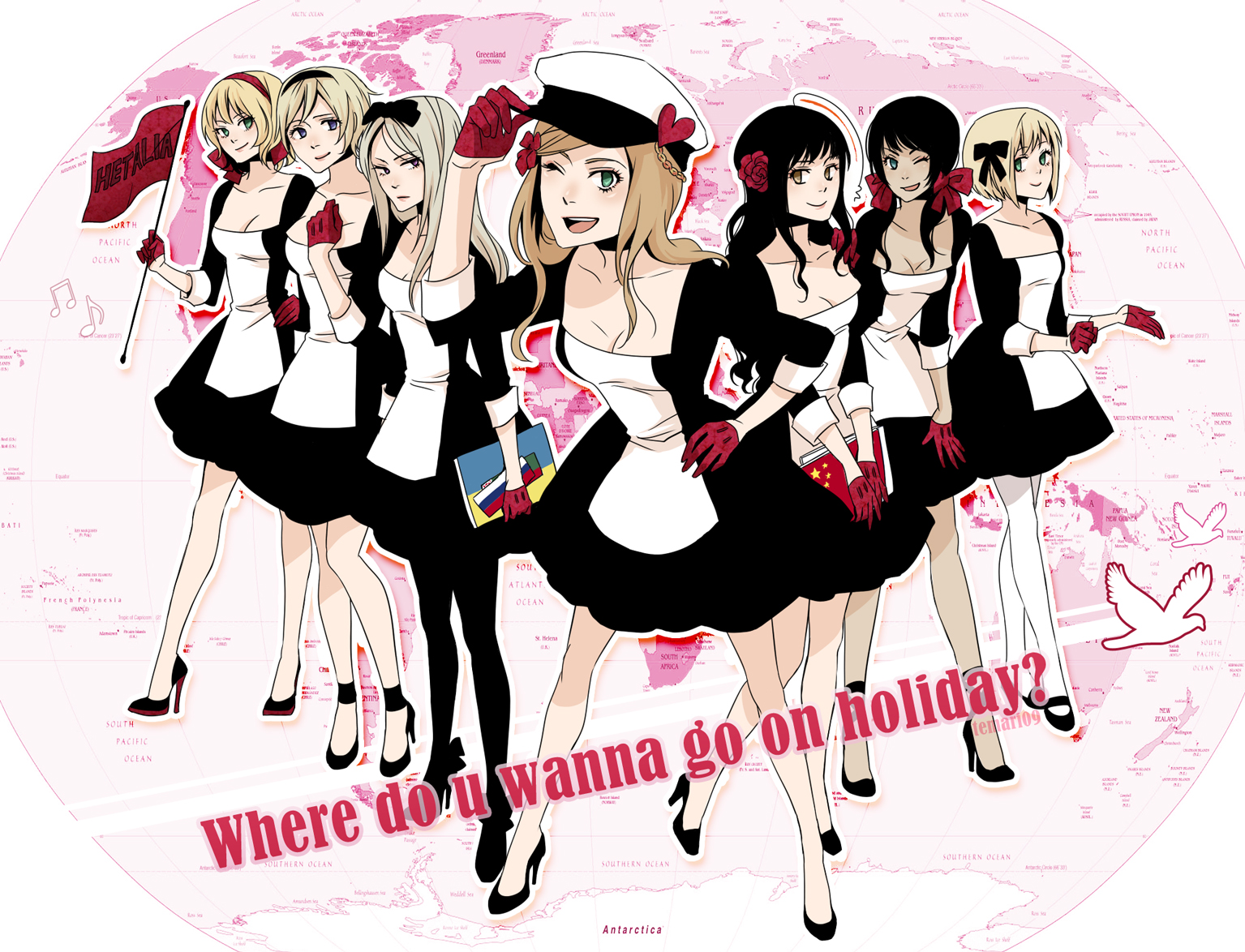 temari114, belarus (hetalia), belgium (hetalia), hungary (hetalia), liechtenstein (hetalia), seychelles (hetalia), taiwan (hetalia), ukraine (hetalia), axis powers hetalia, 6+girls, black pantyhose, breasts, cleavage, dress, earth (planet), english text, flag, gloves, hat, high heels, map, medium breasts, multiple girls, pantyhose, planet, shoes, white pantyhose, world map