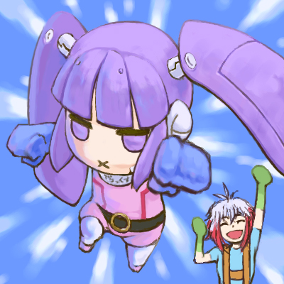 uyoshi, pascal (tales), sophie (tales), tales of (series), tales of graces, lowres, 2girls, :d, blue background, multicolored hair, multiple girls, open mouth, red hair, robot, smile, two-tone hair, white hair, x mouth