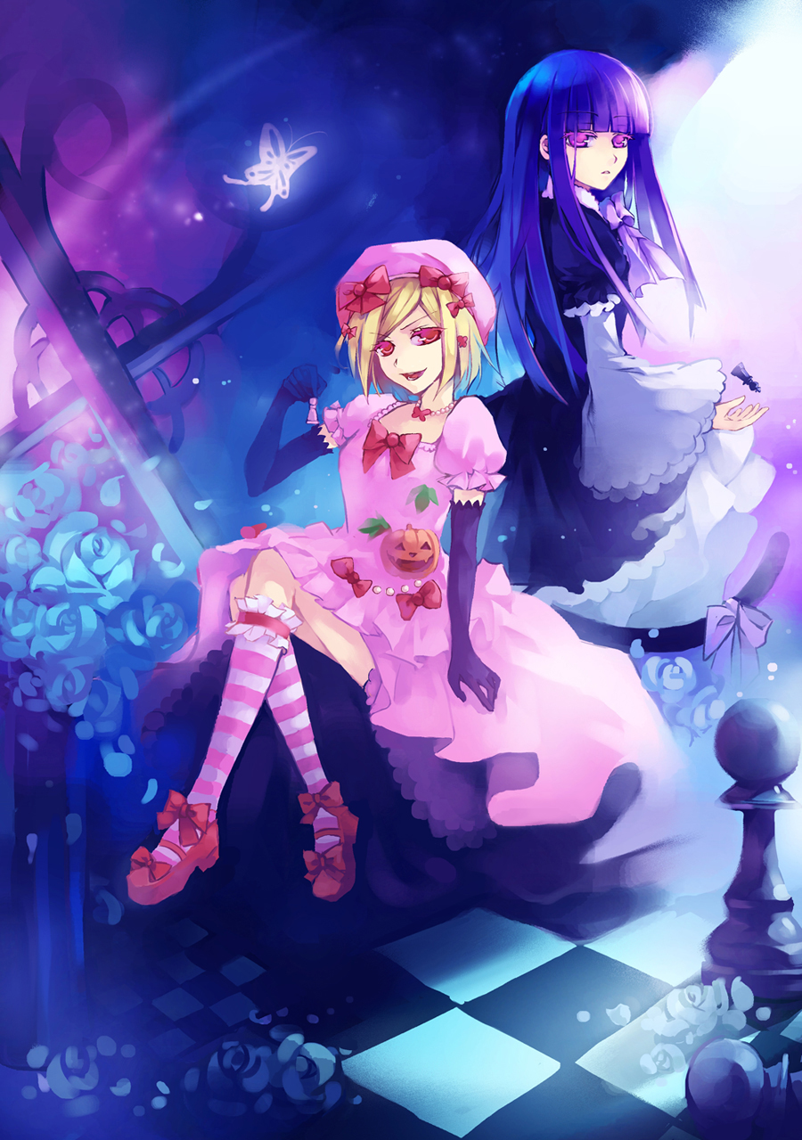 nix (artist), frederica bernkastel, lambdadelta, umineko no naku koro ni, highres, 2girls, blonde hair, blue hair, board game, bow, bug, butterfly, cat tail, checkered floor, chess, chess piece, cross, dress, elbow gloves, floor, flower, gloves, hair bow, hair ornament, hairclip, hat, insect, jewelry, multiple girls, necklace, pink eyes, pink hat, purple eyes, rose, short hair, tail