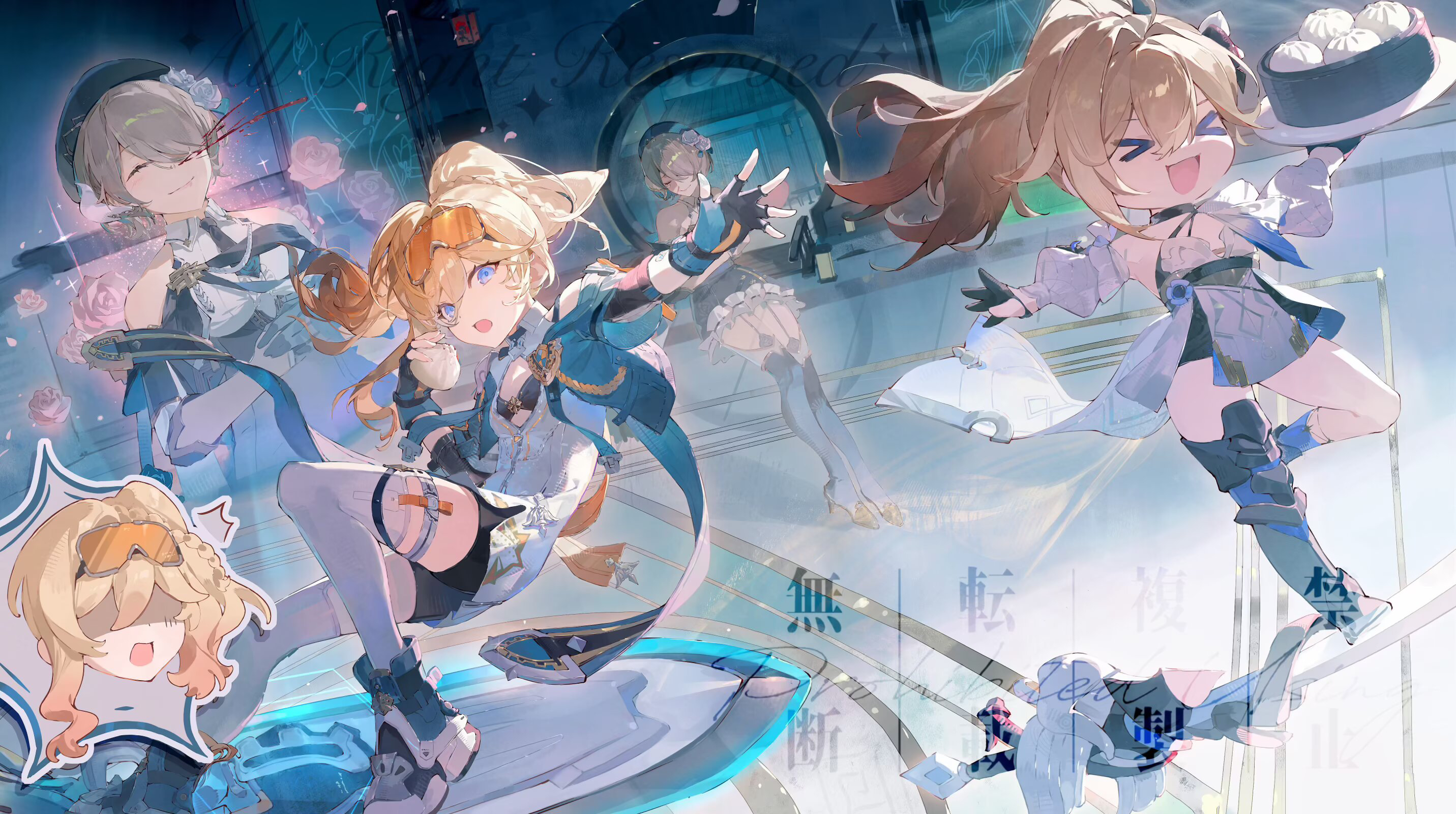 yaosan, blade durandal, durandal (honkai impact), durandal (reign solaris) (honkai impact), rita rossweisse, rita rossweisse (umbral rose), rita rossweisse (valkyrie dawn), honkai (series), honkai impact 3rd, commentary request, commission, highres, > <, 3girls, ^^^, aged down, beret, black bra, black dress, black thighhighs, blood, blue eyes, bra, brown hair, chibi, dress, dumpling, excessive nosebleed, food, goggles, goggles on head, hat, holding, holding plate, long hair, multiple girls, multiple views, nosebleed, plate, ponytail, short hair, sky surfing, sword surfing, thighhighs, thighs, underwear, white thighhighs