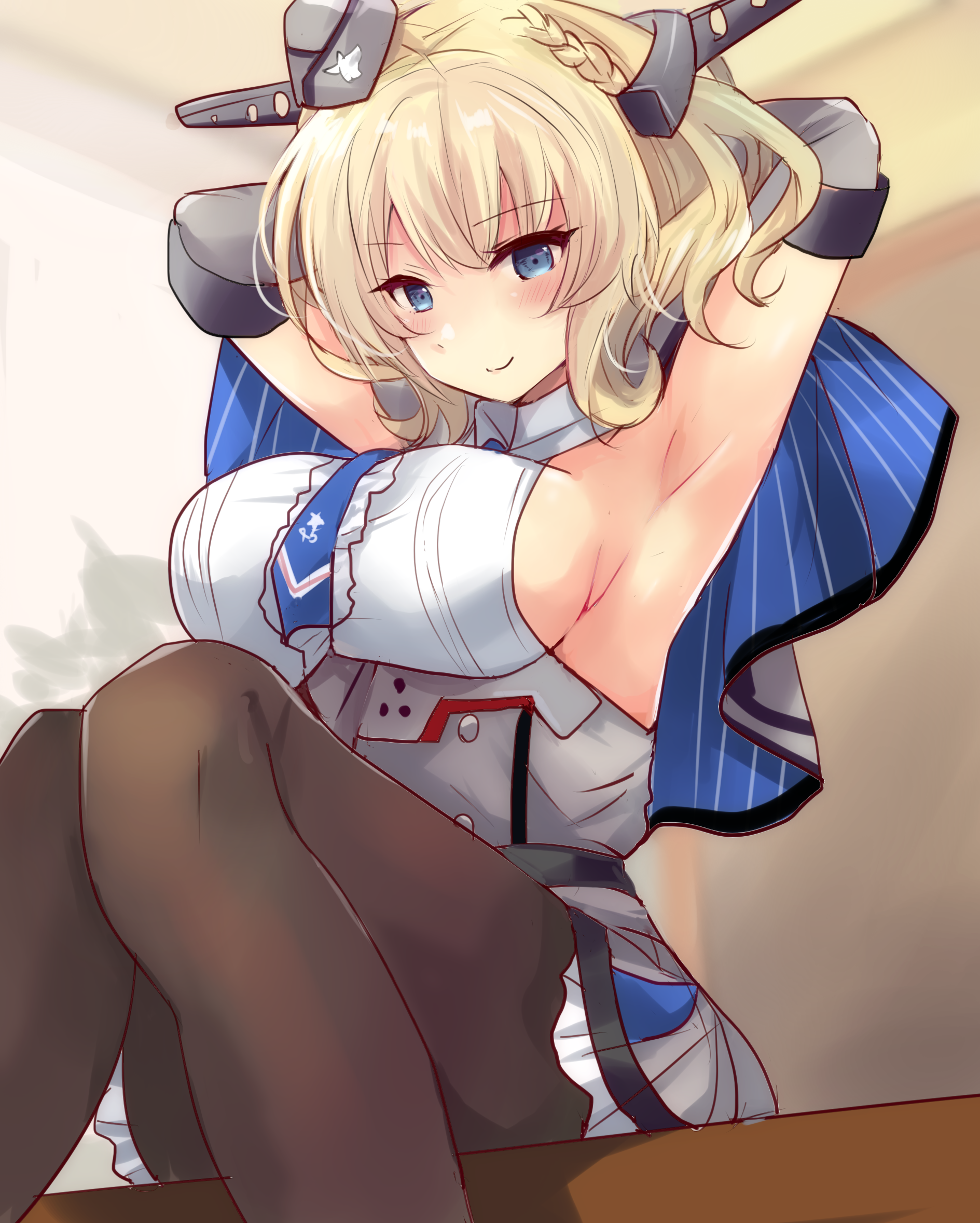 hirune (konekonelkk), colorado (kancolle), kantai collection, commentary request, highres, 1girl, armpits, arms behind back, black pantyhose, blonde hair, blue eyes, blue necktie, braid, breasts, capelet, dress, elbow gloves, feet out of frame, garrison cap, gloves, grey capelet, grey dress, grey gloves, grey hat, hat, headgear, large breasts, necktie, pantyhose, pleated dress, shirt, short hair, side braids, sideboob, sideless shirt, sleeveless, sleeveless shirt, solo
