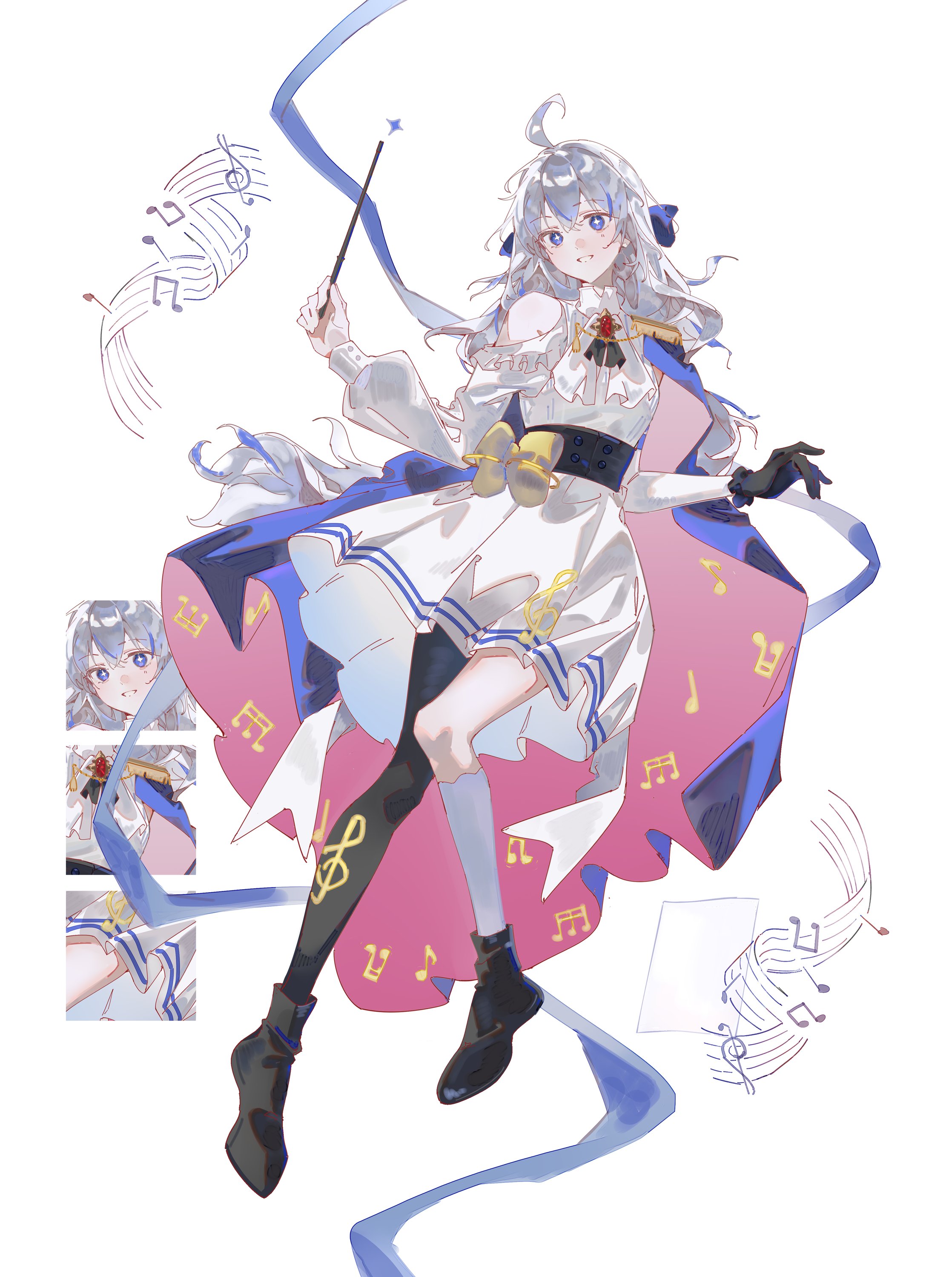 pyyuu, original, absurdres, commentary, commission, english commentary, highres, vgen commission, 1girl, ahoge, asymmetrical legwear, black gloves, black shoes, blue cape, blue eyes, cape, crossed bangs, dress, epaulettes, full body, gloves, grey hair, holding, holding wand, long hair, long sleeves, looking at viewer, musical note, shoes, single bare shoulder, single epaulette, single glove, smile, solo focus, wand, white background, white dress