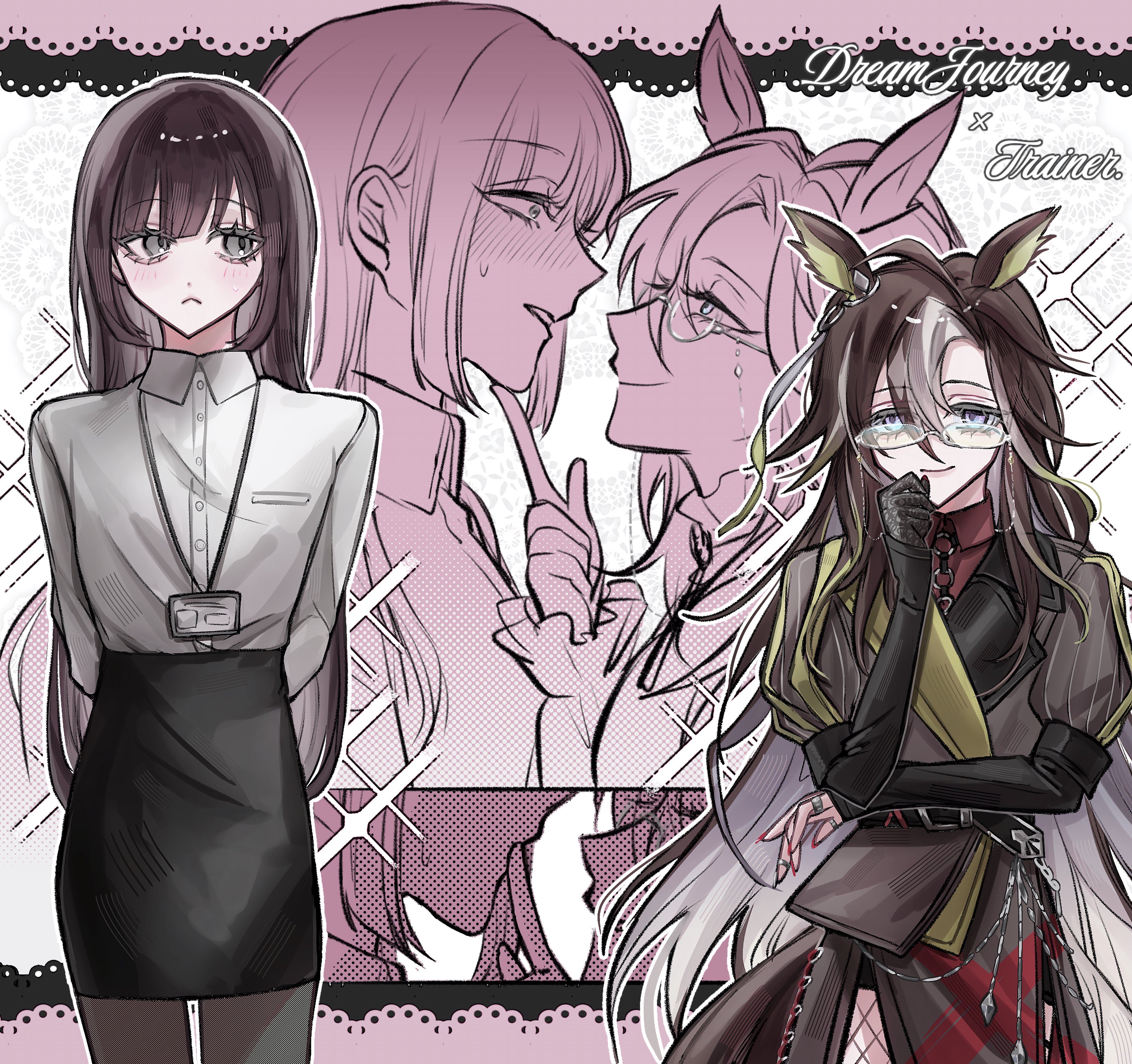 dream journey (reminder of dreamland) (umamusume), dream journey (umamusume), female trainer (umamusume), trainer (umamusume), umamusume, absurdres, commentary request, highres, 2girls, animal ears, arms behind back, black gloves, black pantyhose, black skirt, blonde streaks, blue eyes, breast pocket, brown hair, character name, collared shirt, dress shirt, frown, glasses, gloves, grey eyes, hand on another's chin, horse ears, horse girl, lanyard, long hair, miniskirt, multicolored hair, multiple girls, multiple views, opeyu, pantyhose, partially colored, pencil skirt, pocket, profile, shirt, skirt, sleeves past wrists, sparkle, streaked hair, white shirt, white streaks, yuri