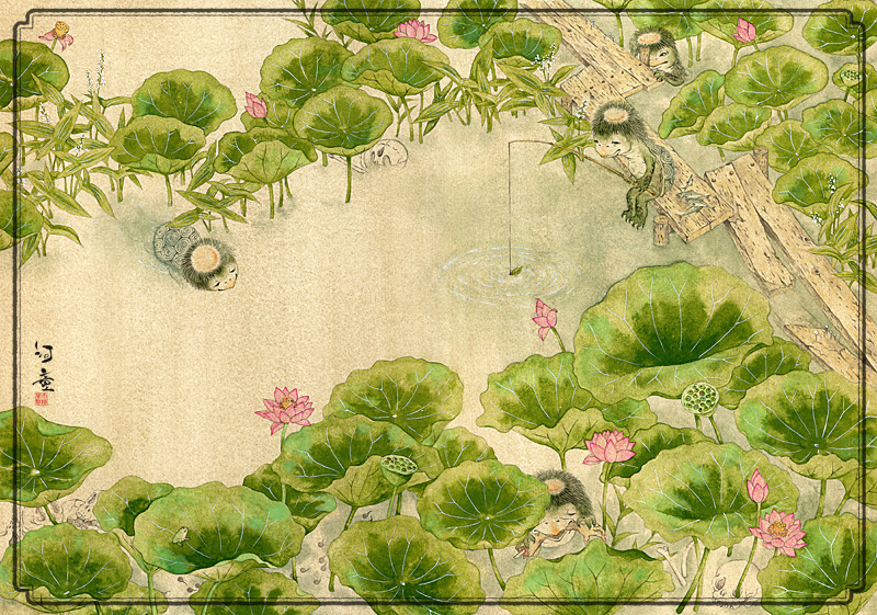 alien-d, original, colored skin, eating, fishing, flower, frog, from above, green skin, kappa, leaf, lotus, no humans, sitting, water