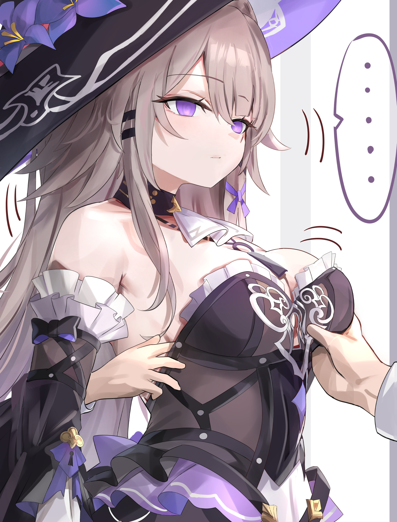tomas (kaosu22), herta (honkai: star rail), the herta (honkai: star rail), honkai: star rail, honkai (series), commentary request, highres, …, 1girl, 2boys, ascot, black choker, black dress, black hat, breasts, choker, detached sleeves, dress, expressionless, flower, grabbing another's breast, grey hair, groping, hat, hat flower, jewelry, key, key necklace, long hair, medium breasts, multiple boys, necklace, purple eyes, purple flower, solo focus, spoken ellipsis, strapless, strapless dress, white ascot, witch hat