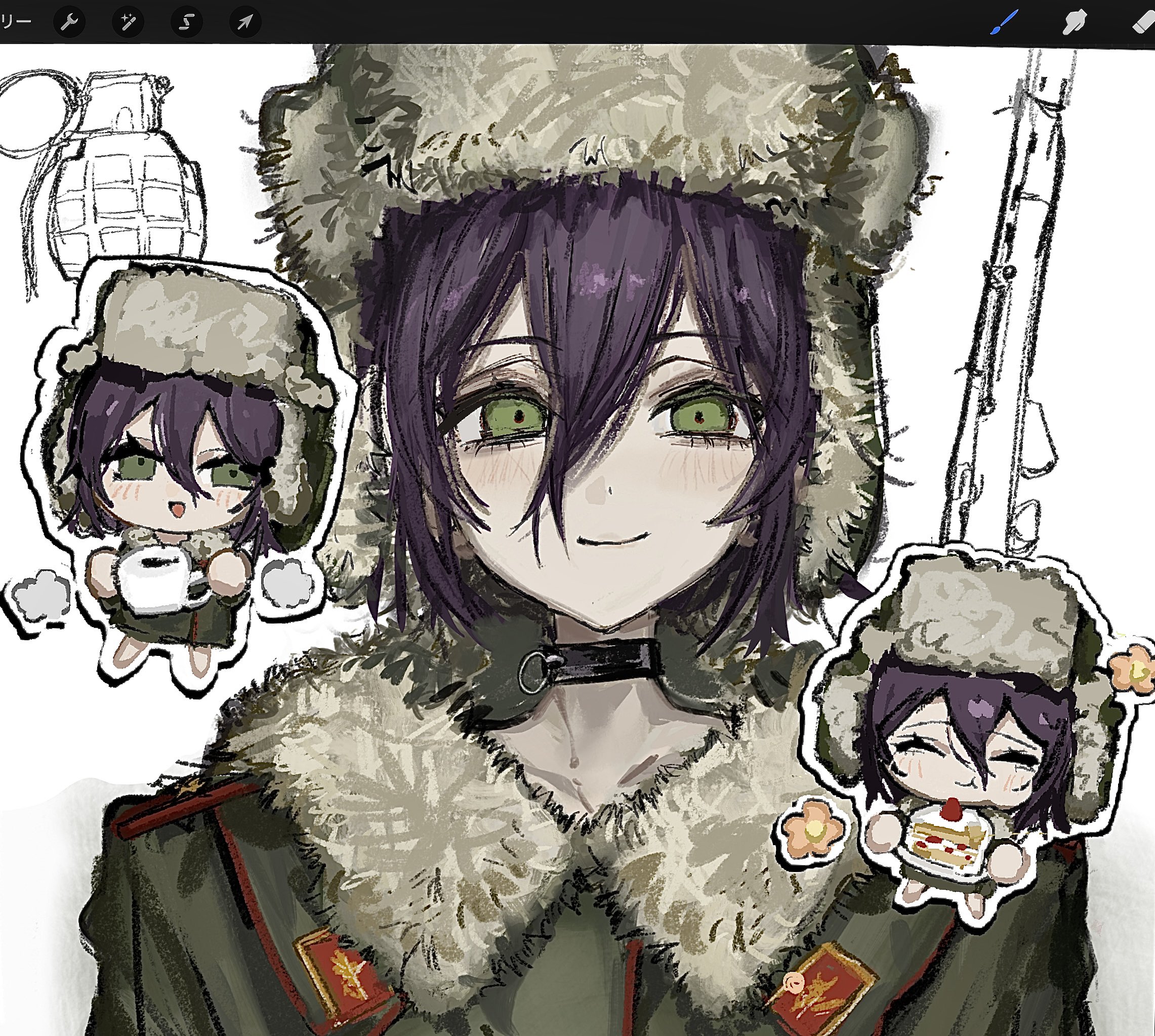 reze (chainsaw man), chainsaw man, commentary request, highres, 1girl, alternate costume, art program in frame, black choker, blush, cake, cake slice, chibi, chibi inset, choker, closed eyes, closed mouth, coat, coffee, collarbone, collared coat, cup, eating, explosive, flower, food, fruit, full body, fur-trimmed coat, fur-trimmed headwear, fur trim, green coat, green eyes, green hat, grenade, grenade pin, gun, hair between eyes, hat, holding, holding cup, holding plate, icing, long hair between eyes, long sleeves, looking at viewer, military, military hat, military uniform, mokomokopasuta, multiple views, open mouth, pink flower, plate, purple hair, rifle, short hair, simple background, smile, sniper rifle, soviet army, strawberry, upper body, ushanka, weapon, white background