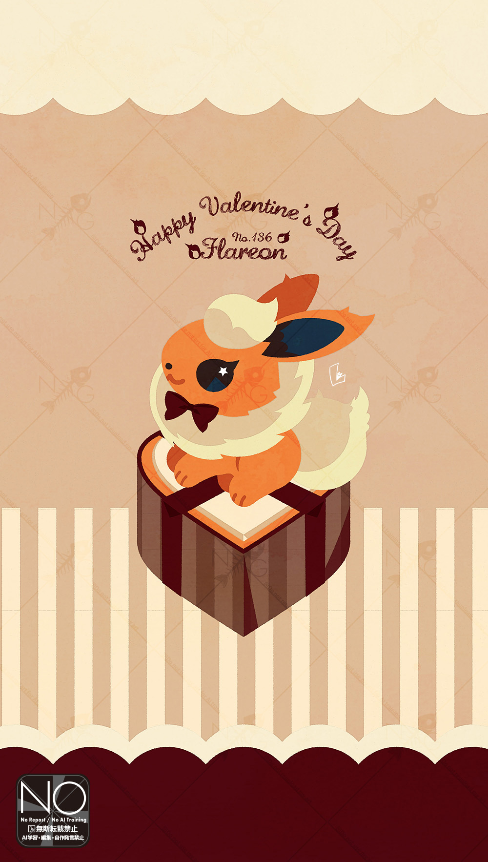 meme (sleepsheep), flareon, nintendo, pokemon, highres, mixed-language commentary, animal focus, bow, brown bow, candy, chocolate, chocolate heart, food, gen 1 pokemon, happy valentine, heart, heart-shaped food, neck fur, no humans, orange fur, pokemon (creature), pokemon focus, star (symbol), star in eye, symbol in eye, valentine, yellow fur