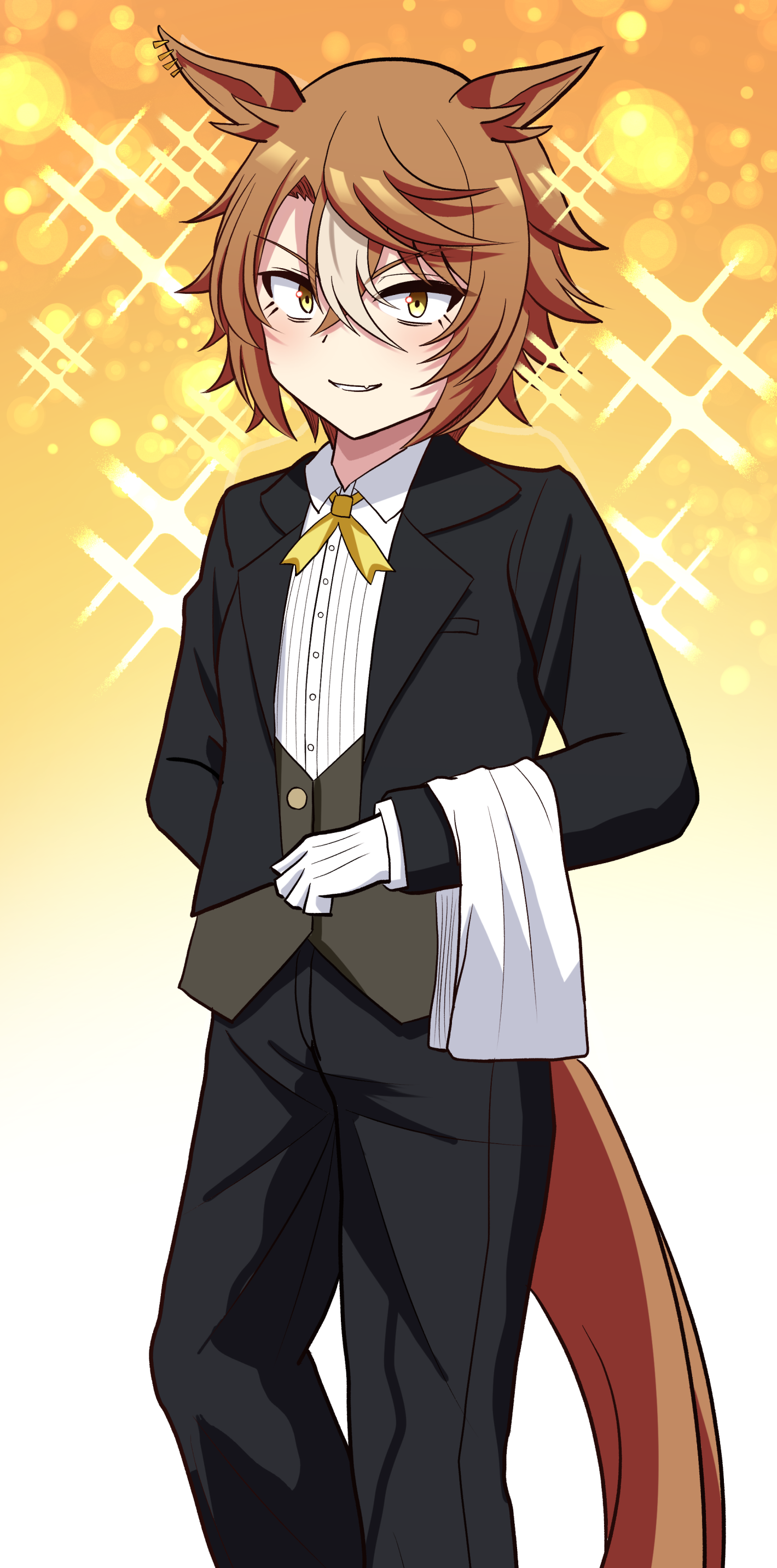 missan sun, dicta striker (umamusume), umamusume, umamusume: cinderella gray, absurdres, commentary request, highres, 1girl, animal ears, black jacket, black pants, blush, bow, bowtie, butler, collared shirt, gloves, grey vest, hair between eyes, horse ears, horse girl, horse tail, jacket, long sleeves, looking at viewer, multicolored hair, open clothes, open jacket, pants, parted lips, shirt, short hair, smile, streaked hair, tail, vest, white gloves, white hair, white shirt, yellow bow, yellow bowtie, yellow eyes