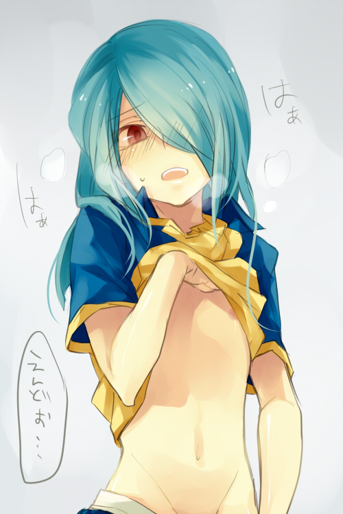 kazemaru ichirouta, inazuma eleven, inazuma eleven (series), 1boy, androgynous, blue hair, clothes lift, hair over one eye, male focus, navel, nipple slip, nipples, raglan sleeves, raimon, raimon soccer uniform, shirt lift, soccer uniform, solo, sportswear, trap
