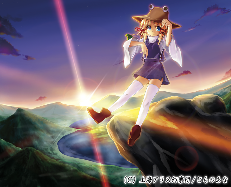 iseno yajin, moriya suwako, touhou, 1girl, blonde hair, blue eyes, cloud, dress, female focus, frog, full body, hair ribbon, hat, mountain, nature, outdoors, panties, pantyshot, ribbon, short hair, sky, smile, solo, sun, thighhighs, underwear, water, white panties, white thighhighs