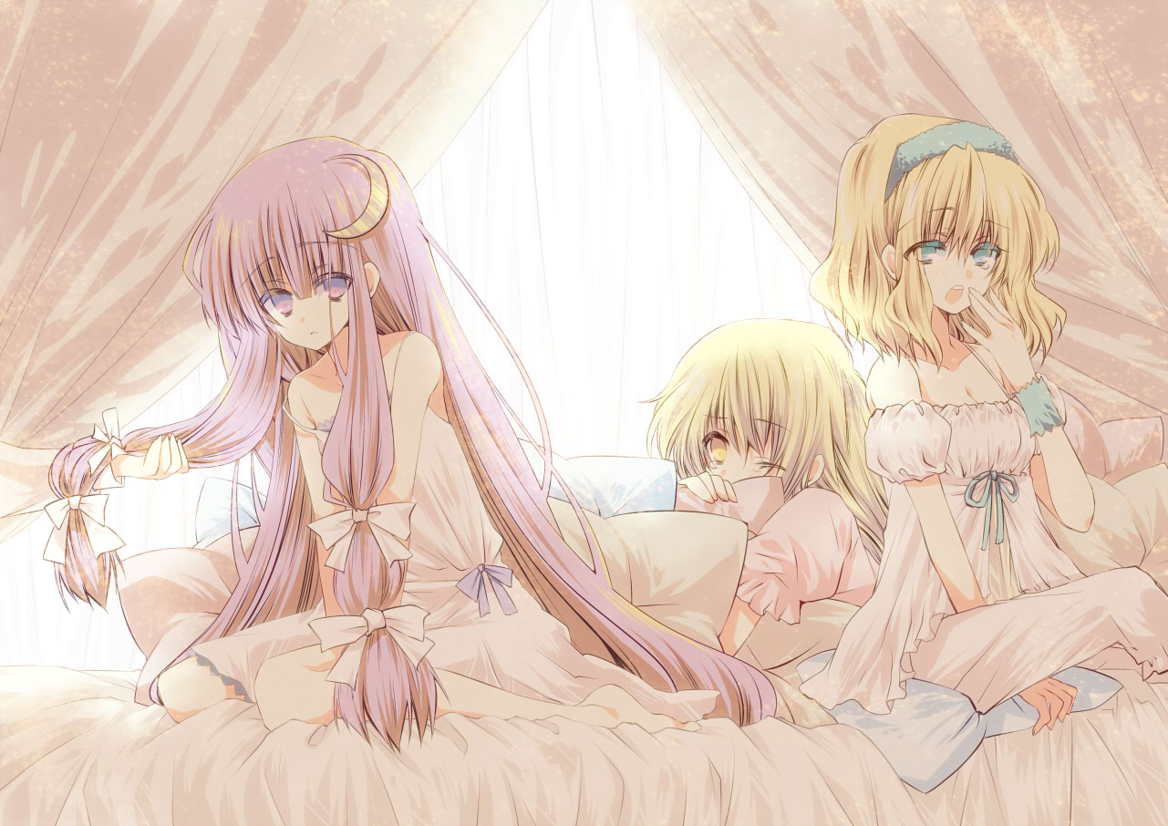 kokono coco, alice margatroid, kirisame marisa, patchouli knowledge, touhou, 3girls, bed, bed sheet, blonde hair, blue eyes, bow, colored eyelashes, crescent, crescent moon, curtains, eyelashes, female focus, hair bow, hair ornament, hairband, long hair, moon, multiple girls, nightgown, one eye closed, pillow, purple eyes, purple hair, short hair, sitting, sleepy, strap slip, v arms, wariza, wink, wrist cuffs, yawning, yellow eyes