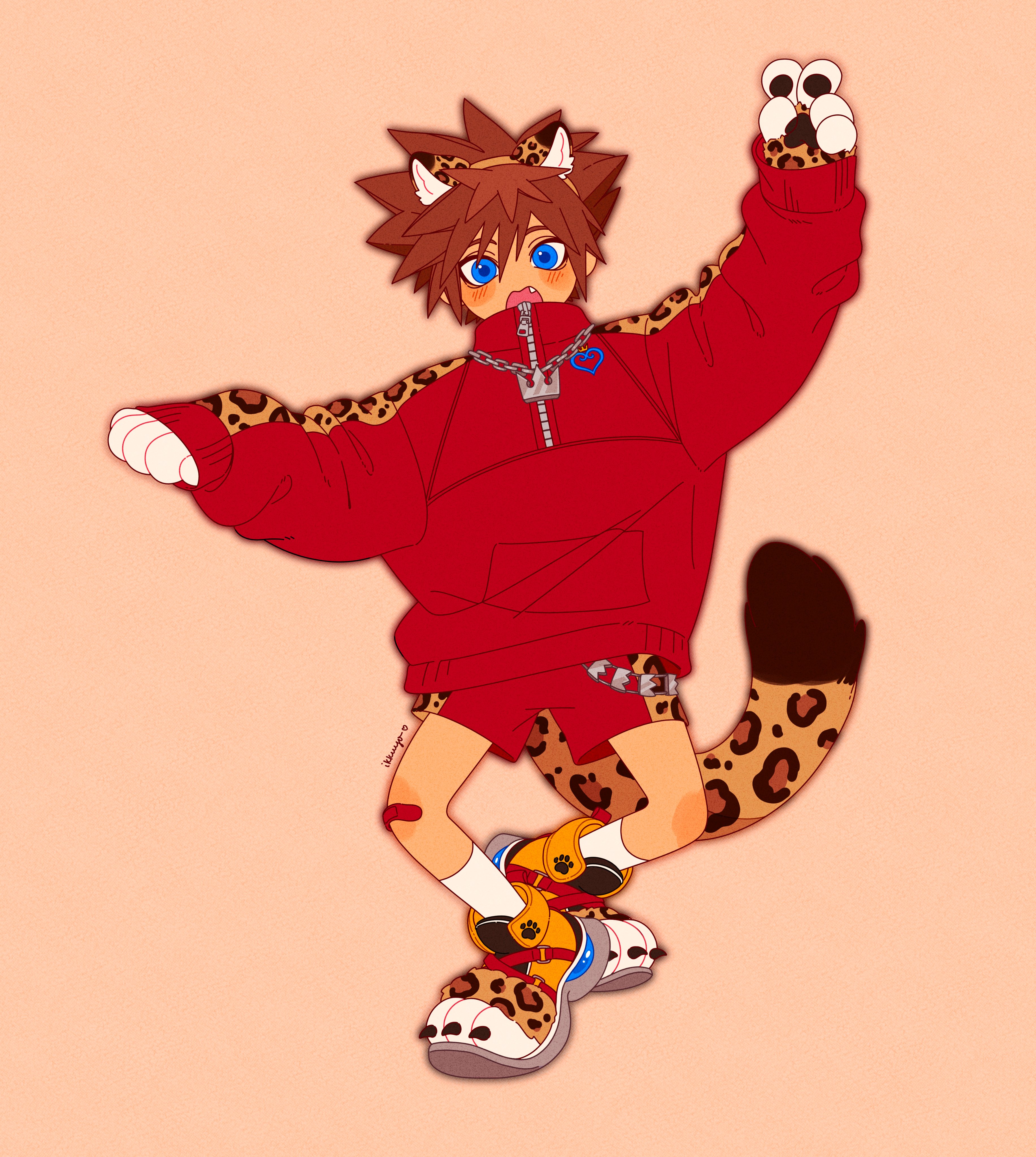 sora (kingdom hearts), kingdom hearts, absurdres, commentary, english commentary, highres, 1boy, alternate costume, animal ear headband, animal ears, animal hands, animal print, arm up, bandaid, bandaid on knee, bandaid on leg, blue eyes, brown hair, claws, fang, full body, ikkuart, jewelry, leopard ears, leopard print, leopard tail, looking at viewer, male focus, necklace, open mouth, orange background, outstretched arms, oversized clothes, paw shoes, pendant, red shorts, red sweater, short hair, shorts, simple background, solo, spiked hair, sweater, tail, v, zipper