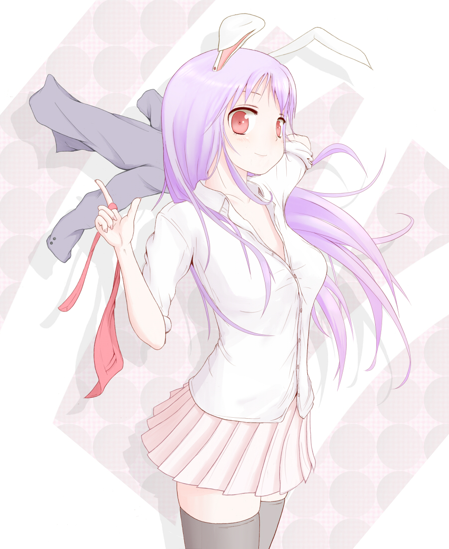 hitomoji, reisen udongein inaba, touhou, 1girl, animal ears, black thighhighs, dress shirt, female focus, jacket, long hair, necktie, pleated skirt, purple hair, rabbit ears, red eyes, red necktie, shirt, skirt, sleeves rolled up, solo, thighhighs, undressing, zettai ryouiki