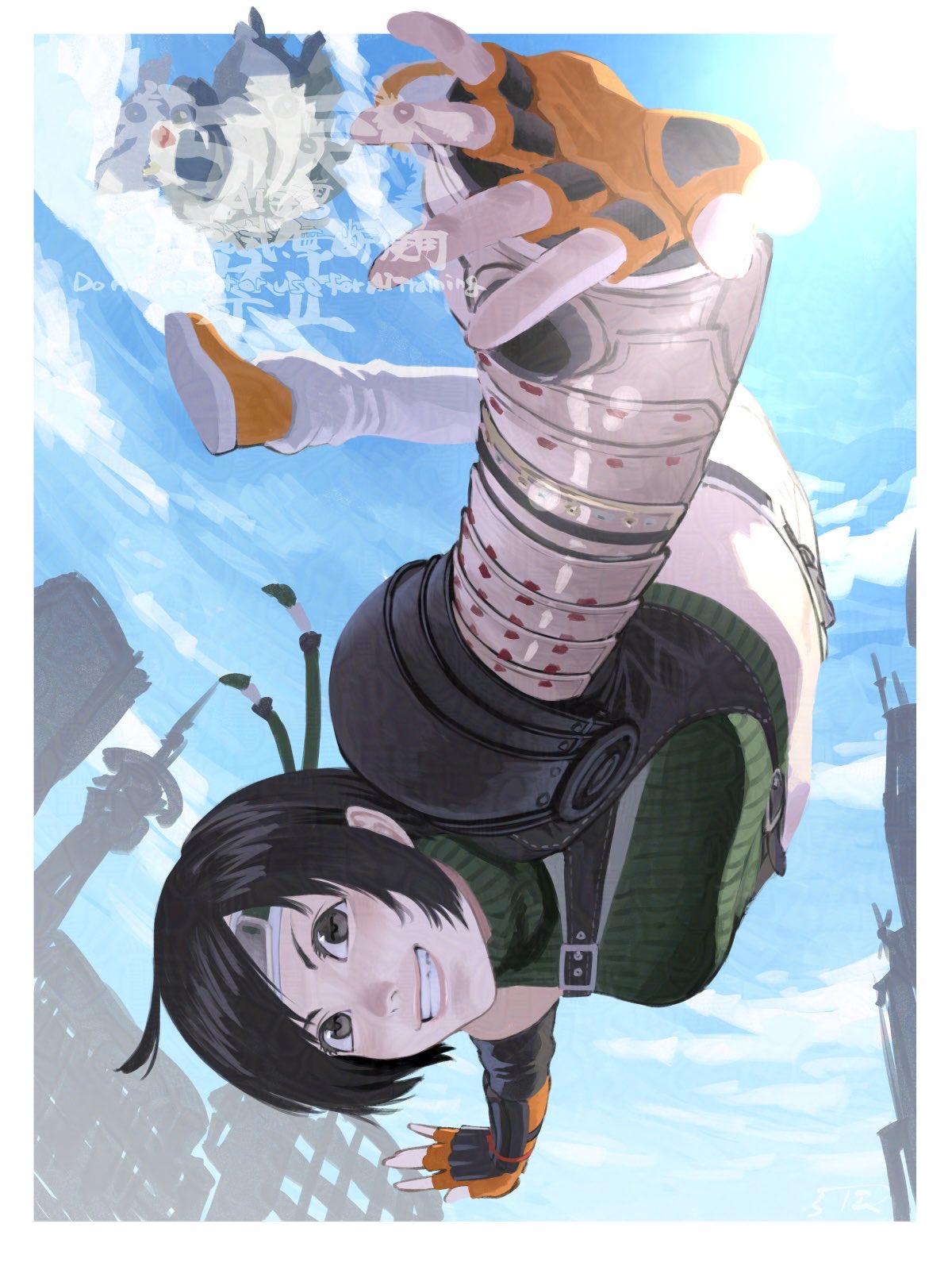 5tatsu, moogle, yuffie kisaragi, final fantasy, final fantasy vii, final fantasy vii remake, commentary request, highres, 1girl, animal hood, armor, artist name, black hair, blue sky, border, breasts, brown eyes, cape, crop top, diving, fingerless gloves, full body, gloves, green shirt, grin, headband, hood, hooded cape, loose socks, medium breasts, midriff, orange gloves, orange shoes, outdoors, outstretched arms, pauldrons, ribbed shirt, shirt, shoes, short hair, shorts, shoulder armor, single arm guard, single pauldron, sky, sleeveless, sleeveless turtleneck, smile, sneakers, socks, solo, teeth, turtleneck, unworn cape, white border, white shorts, white socks