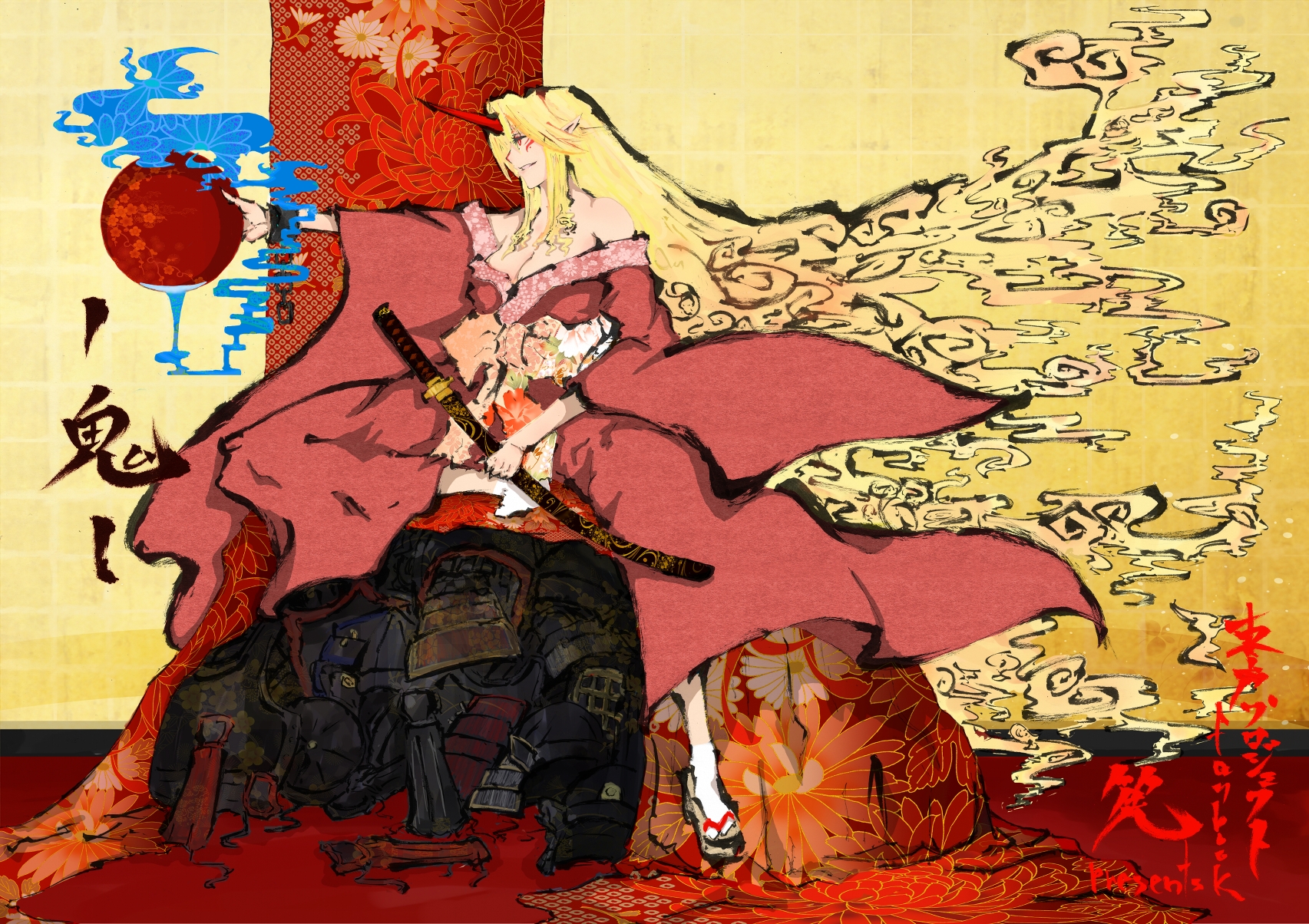 suminosaya, hoshiguma yuugi, touhou, highres, 1girl, armor, bare shoulders, blood, breasts, cleavage, female focus, floral print, grin, horns, japanese clothes, kimono, long hair, off shoulder, oni, profile, red eyes, scabbard, sheath, single horn, smile, solo, sword, very long hair, weapon
