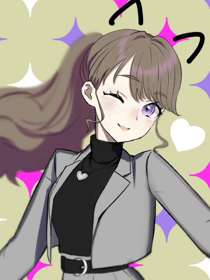 renge (042514), fujishima megumi, fujishima megumi (post-graduation), link! like! love live!, love live!, commentary request, 1girl, ;), animal ears, black sweater, blush, brown background, cat ears, drawn ears, grey jacket, heart, heart necklace, jacket, jewelry, long sleeves, looking at viewer, necklace, one eye closed, open clothes, open jacket, ponytail, purple eyes, smile, solo, sparkle background, sweater, turtleneck, turtleneck sweater, upper body, virtual youtuber