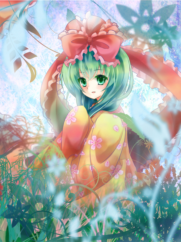 yonema, kagiyama hina, touhou, bad id, bad pixiv id, 1girl, female focus, front ponytail, green eyes, green hair, hair ribbon, long hair, matching hair/eyes, ribbon, solo