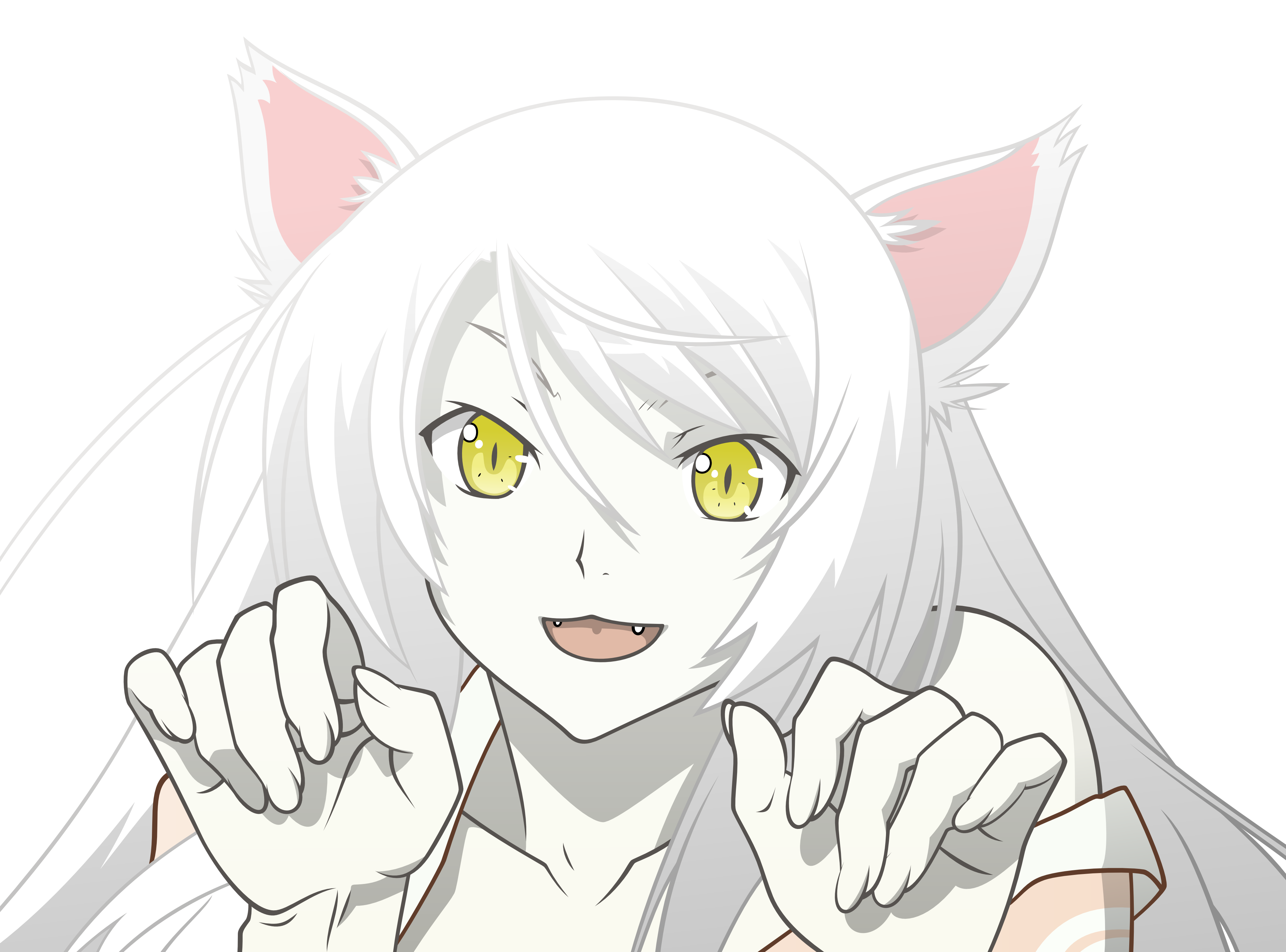 black hanekawa, hanekawa tsubasa, bakemonogatari, monogatari (series), nekomonogatari, absurdres, derivative work, highres, third-party edit, third-party extraction, vector trace, 10s, 1girl, animal ears, cat ears, female focus, long hair, pale skin, slit pupils, solo, transparent background, typ, white hair, yellow eyes
