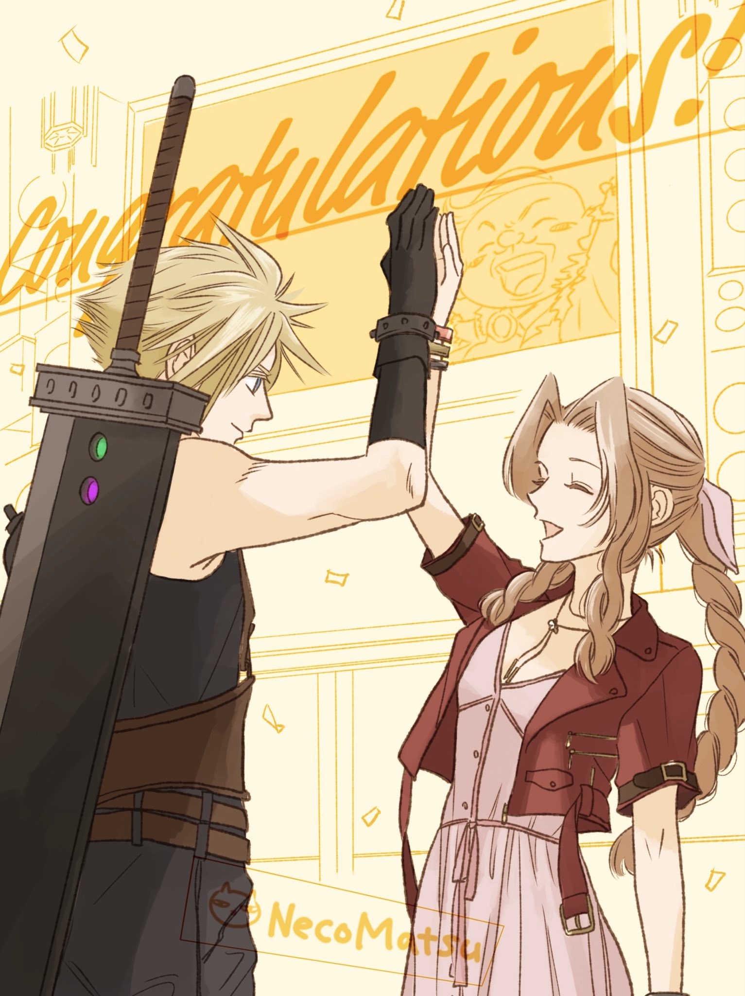 aerith gainsborough, cloud strife, don corneo, final fantasy, final fantasy vii, final fantasy vii remake, commentary request, highres, 1boy, 1girl, armor, artist name, bangle, belt, black gloves, black pantyhose, black shirt, blonde hair, blue eyes, bracelet, braid, braided ponytail, breasts, brown belt, brown hair, buster sword, buttons, choker, closed eyes, closed mouth, colosseum, confetti, congratulations, cowboy shot, cropped jacket, dress, flower choker, gloves, hair ribbon, high five, jacket, jewelry, long hair, looking at another, materia, medium breasts, multiple belts, nekomatsu, open mouth, pantyhose, parted bangs, pauldrons, pink dress, pink ribbon, red jacket, ribbon, shirt, short hair, short sleeves, shoulder armor, sidelocks, single bare shoulder, single braid, single pauldron, smile, spiked hair, sword, sword on back, weapon, weapon on back