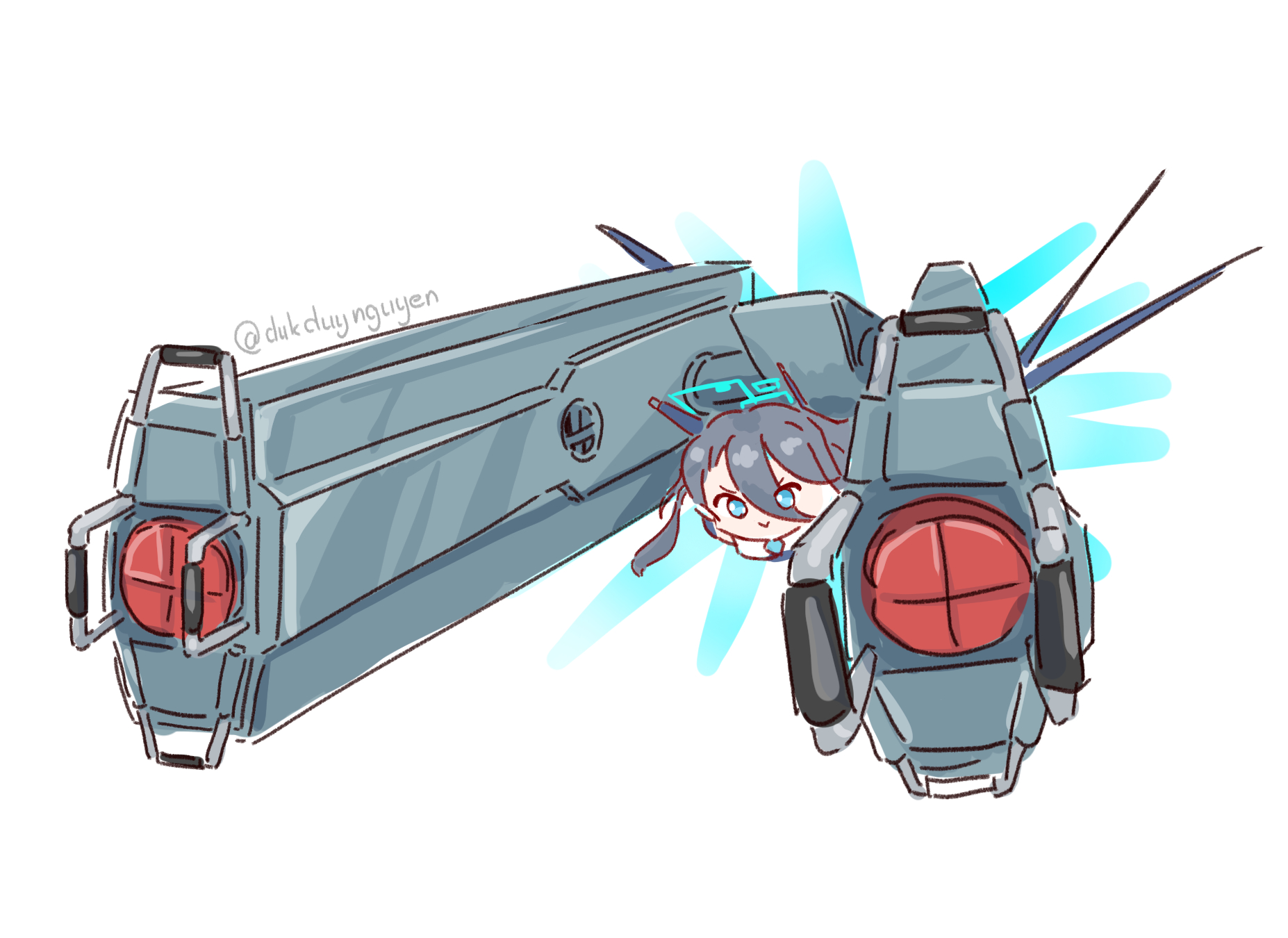 uncleduk, aris (armed) (blue archive), aris (blue archive), windam (gundam seed), blue archive, gundam, gundam seed, gundam seed destiny, hashtag-only commentary, highres, 1girl, :>, black hair, blue eyes, blue halo, halo, huge weapon, long hair, nuclear weapon, shoulder cannon, twitter username, weapon, white background