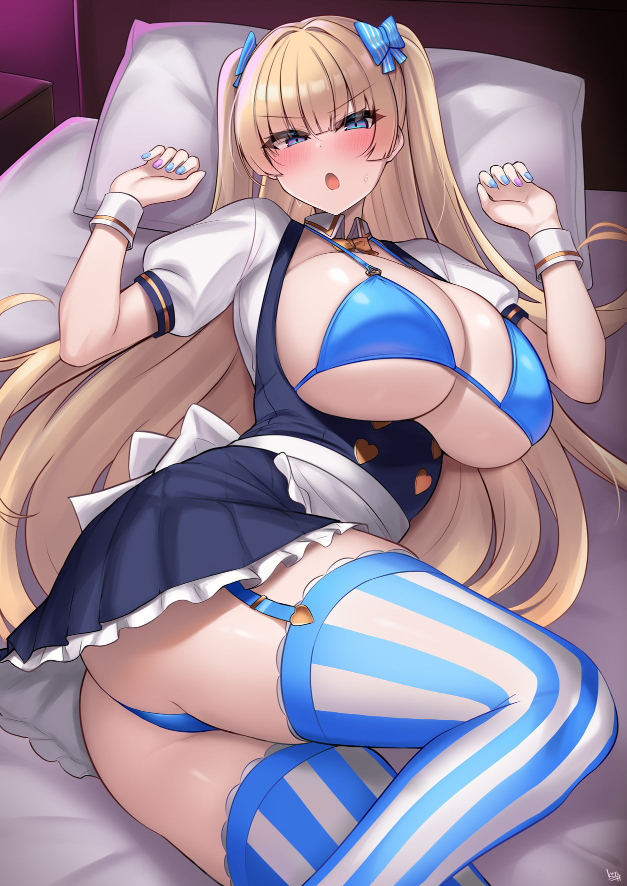 kutan, lina (michihasu), original, commentary request, highres, variant set, 1girl, :o, angry, ass, back bow, bed, bed sheet, black skirt, blonde hair, blue bow, blue bra, blue eyes, blue garter straps, blue nails, blue panties, blue thighhighs, blunt bangs, blush, borrowed character, bow, bra, breasts, buttons, cleavage, double-breasted, hair bow, indoors, large breasts, long hair, looking at viewer, multicolored thighhighs, nail polish, on bed, open clothes, open mouth, open shirt, panties, shirt, sidelocks, skirt, solo, striped clothes, striped thighhighs, thick thighs, thighhighs, thighs, two-tone thighhighs, underboob, underwear, v-shaped eyebrows, vertical-striped clothes, vertical-striped thighhighs, very long hair, white bow, white shirt, white thighhighs, wrist cuffs