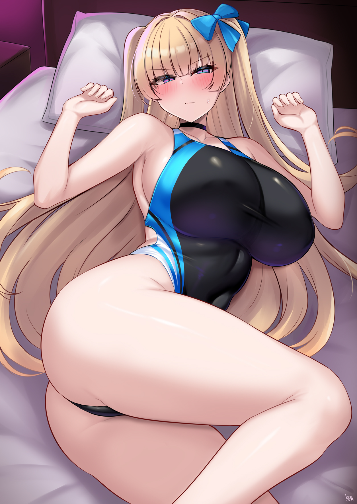 kutan, lina (michihasu), original, commentary request, highres, variant set, 1girl, ass, bare arms, bare legs, bed, bed sheet, black one-piece swimsuit, blonde hair, blue bow, blue eyes, blue nails, blunt bangs, blush, borrowed character, bow, breasts, closed mouth, competition swimsuit, covered navel, hair bow, indoors, large breasts, long hair, looking at viewer, nail polish, on bed, one-piece swimsuit, scowl, sidelocks, solo, swimsuit, thick thighs, thighs, v-shaped eyebrows, very long hair