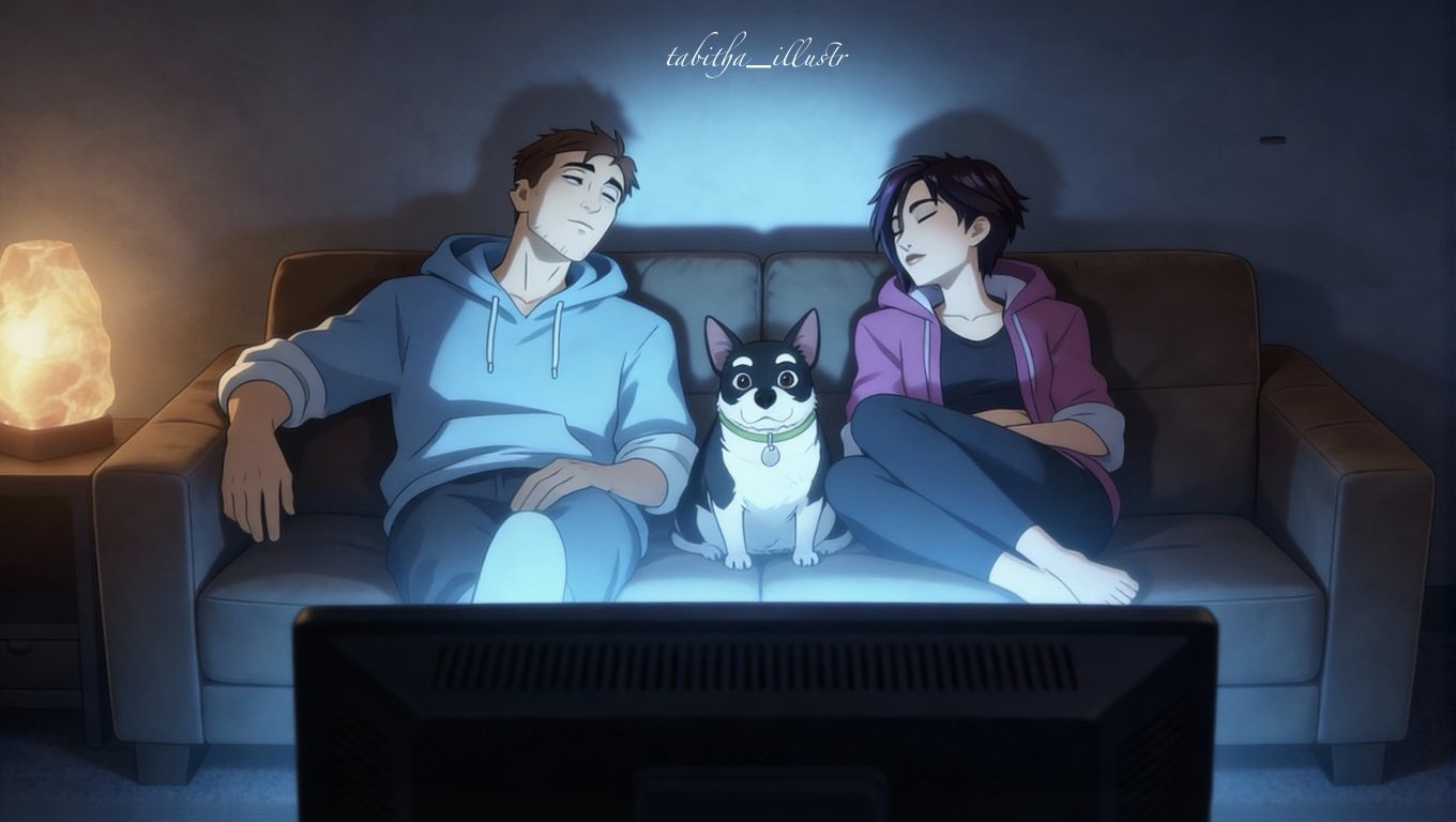 beef (dispatch), invisigal (dispatch), robert robertson, dispatch, commentary, english commentary, 1boy, 1girl, barefoot, blue hoodie, brown hair, closed eyes, couch, dark, dog, hood, hoodie, indoors, living room, on couch, open clothes, open hoodie, pants, pink hoodie, purple hair, sitting, sleeping, television