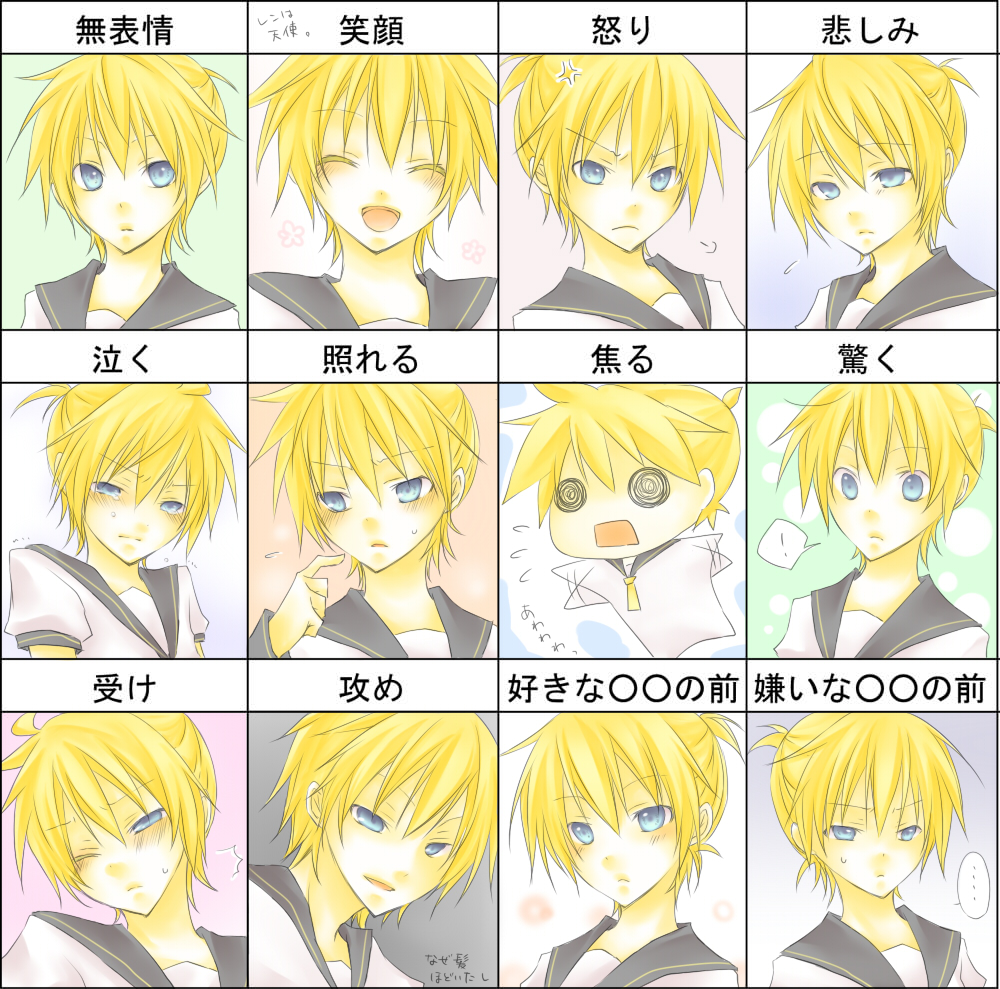 kuroi (liar-player), kagamine len, vocaloid, 1boy, blonde hair, blue eyes, blush, chart, male focus, multiple expressions, multiple views