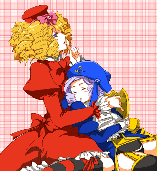 aian hirata, dlanor a. knox, eiserne jungfrau, gaap (umineko), umineko no naku koro ni, bad id, bad pixiv id, 2girls, blonde hair, blue eyes, bow, drill hair, frills, hat, multiple girls, pink bow, purple hair, sleeping, thighhighs