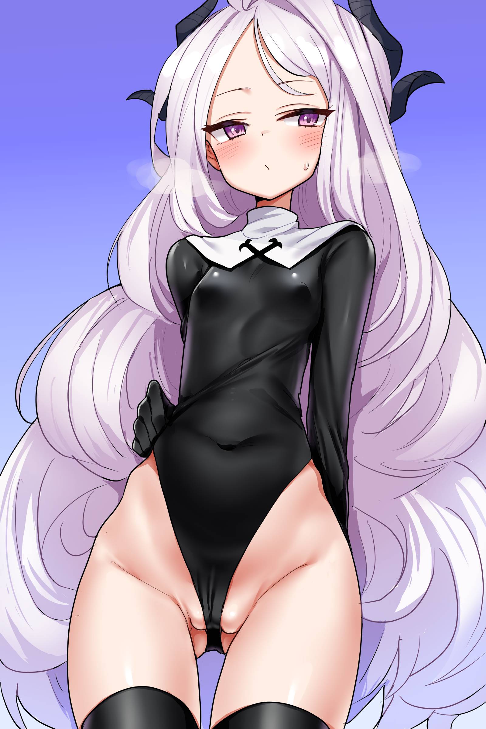 buta-don, hina (blue archive), blue archive, absurdres, commentary request, highres, ahoge, black thighhighs, blush, breasts, demon girl, demon horns, gluteal fold, horns, long hair, purple eyes, small breasts, standing, thighhighs, very long hair, white hair