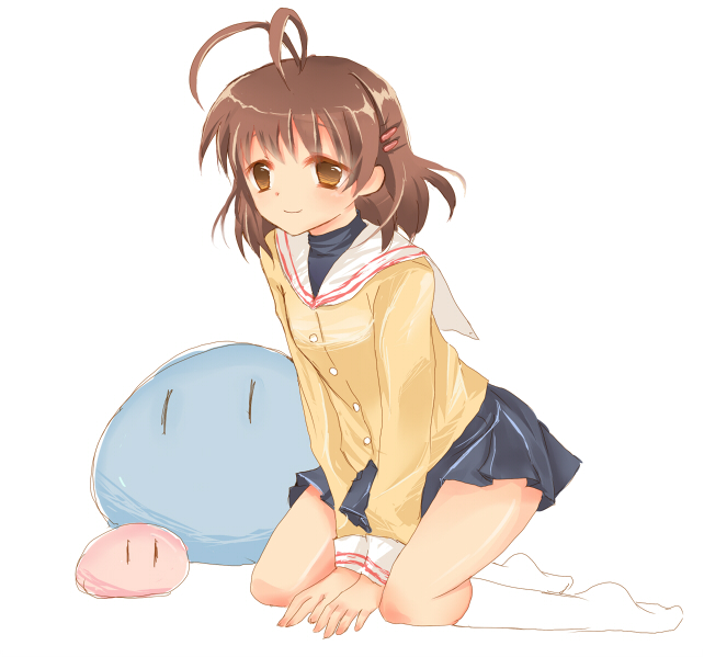 shinoji, furukawa nagisa, clannad, dango daikazoku, bad id, bad pixiv id, 00s, all fours, antenna hair, brown eyes, brown hair, school uniform, short hair, solo