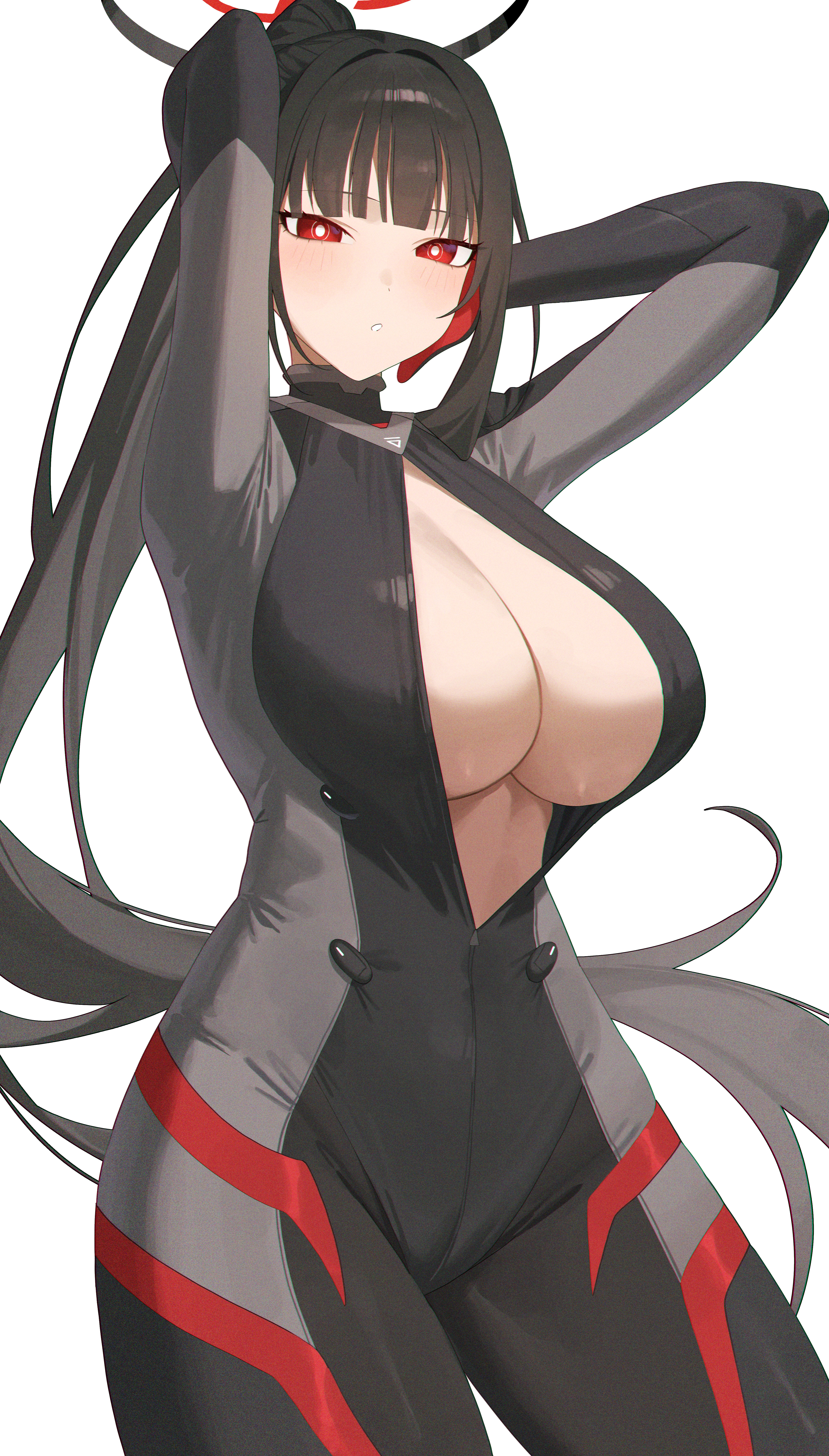 mm (mhm2592), rio (blue archive), rio (bodysuit) (blue archive), blue archive, absurdres, commentary, highres, 1girl, arms up, black hair, breasts, cleavage, cowboy shot, halo, high ponytail, large breasts, official alternate costume, parted lips, ponytail, red eyes, simple background, solo, white background