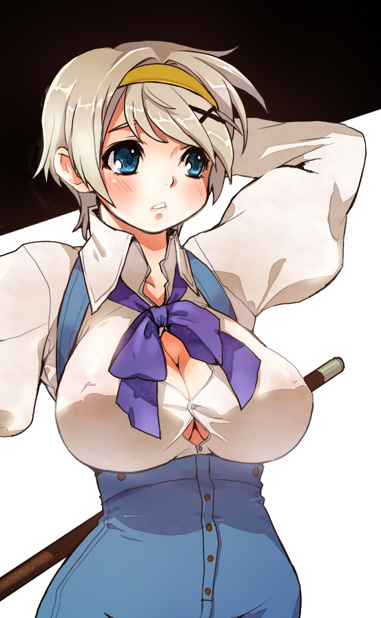 yajiro masaru, ukraine (hetalia), axis powers hetalia, 1girl, blue eyes, blush, bow, breasts, brown hair, cleavage, covered erect nipples, female focus, headband, large breasts, solo, straining buttons