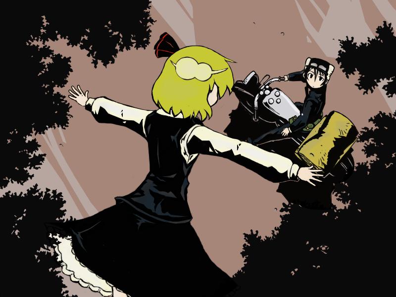 m303, hermes (kino no tabi), kino (kino no tabi), rumia, embodiment of scarlet devil, kino no tabi, touhou, vehicle, 00s, 2girls, androgynous, blonde hair, crossover, fur hat, green hair, hat, motor vehicle, motorcycle, multiple girls, outstretched arms, red eyes, reverse trap, spread arms