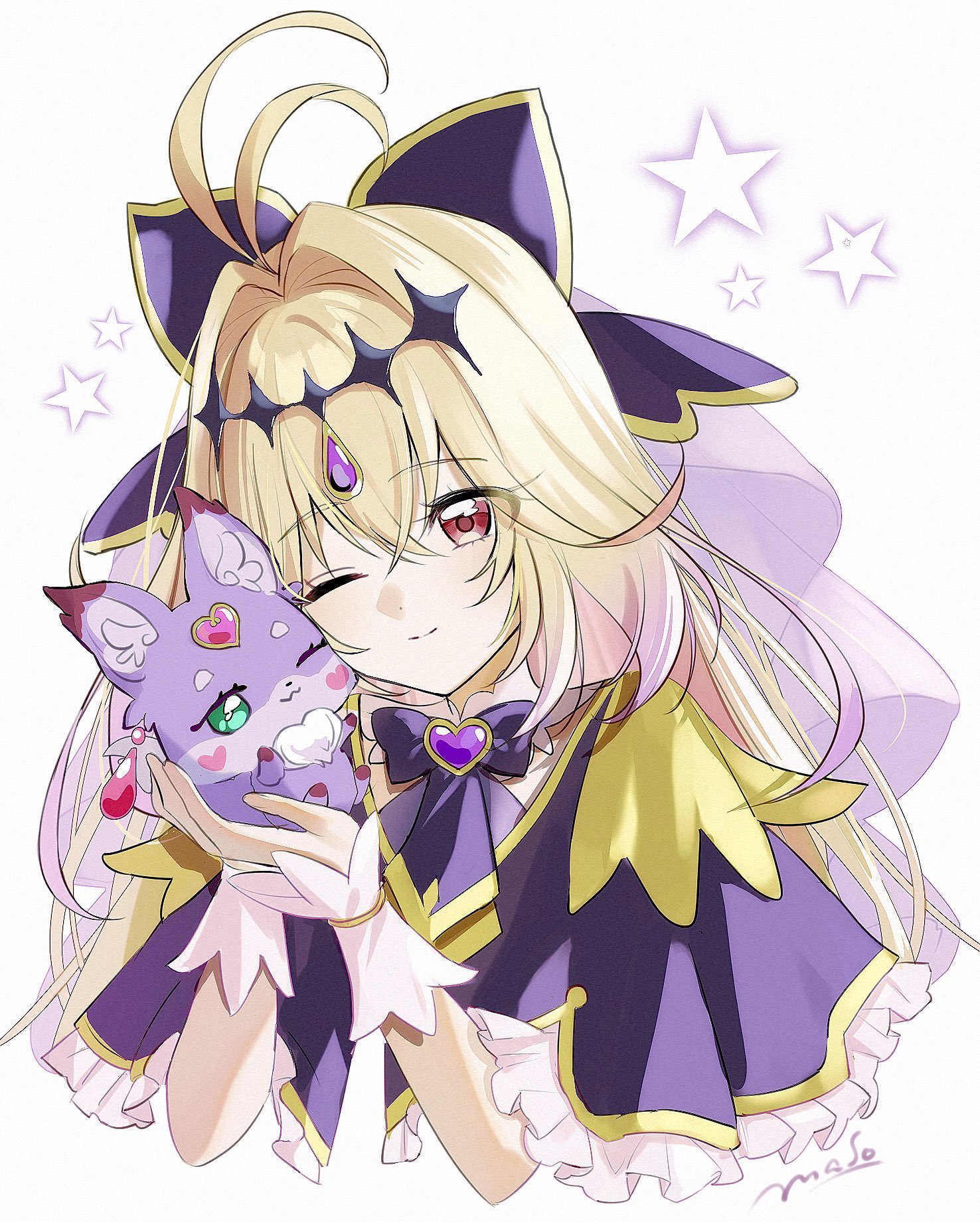 cure arcana shadow, meitantei precure!, precure, commentary request, highres, 1girl, antenna hair, black bow, black capelet, black dress, blonde hair, blush, bow, brooch, capelet, closed mouth, creature, dress, frilled capelet, frills, gradient hair, green eyes, hair between eyes, hair bow, hair intakes, heart, heart brooch, holding, holding creature, jewelry, long hair, looking at viewer, magical girl, mashu-tan, maso, moria luluka, multicolored hair, one eye closed, purple eyes, purple veil, purple wrist cuffs, simple background, smile, tear arcana rod, veil, white background, wrist cuffs